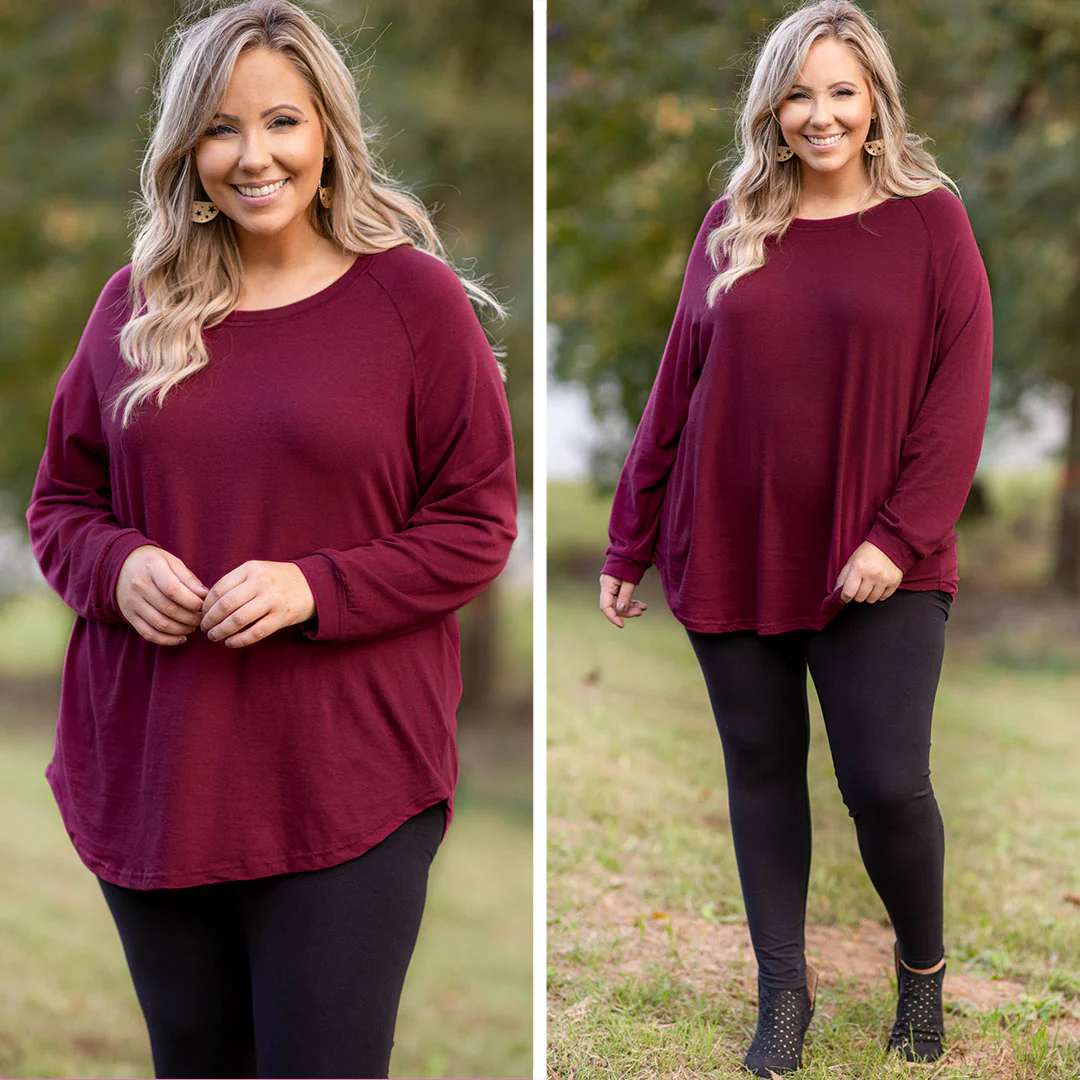 Curved Hem Slouchy Tunic, Wine - Giverhouse