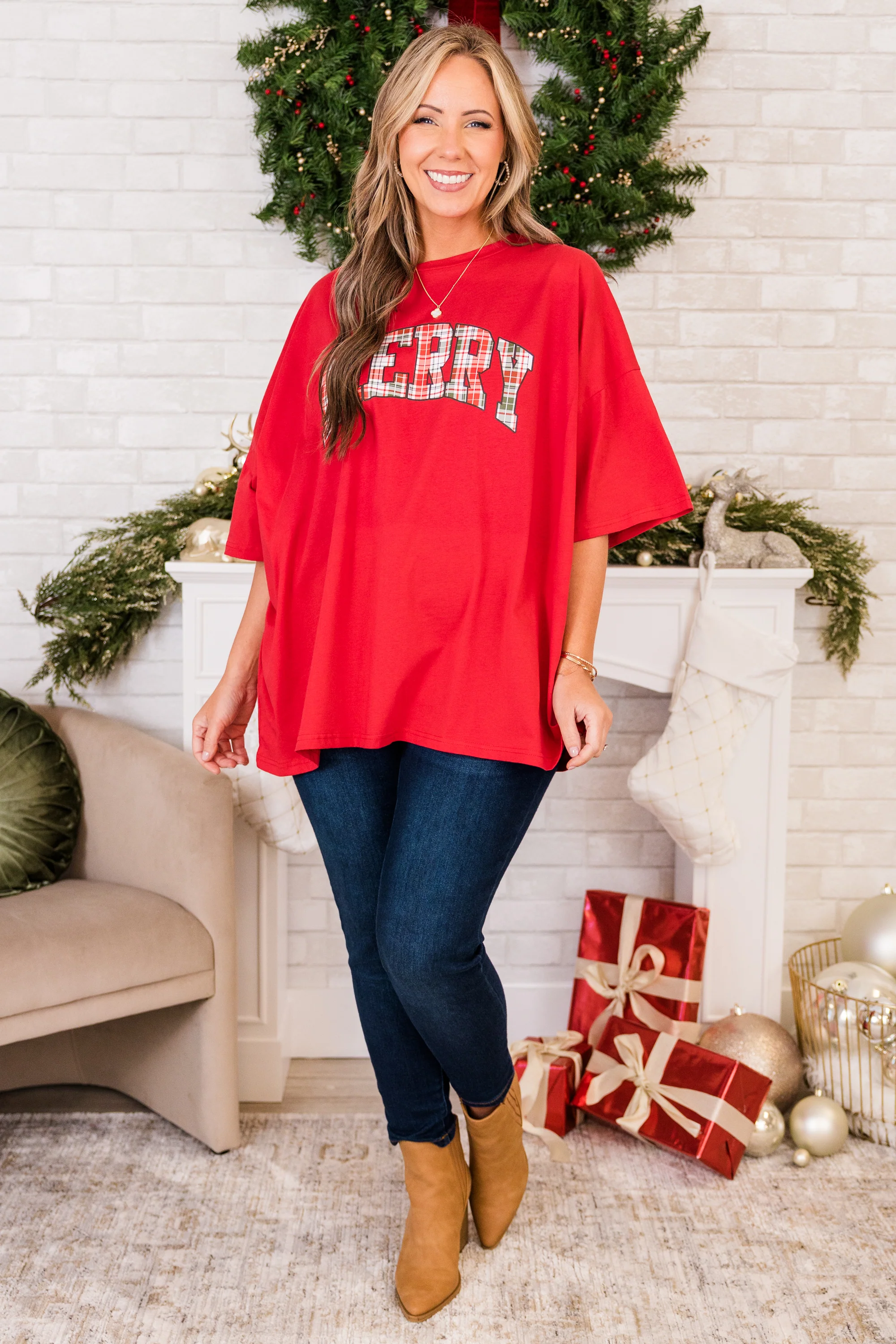 Merry and Plaid Boyfriend Tee, Red - Giverhouse