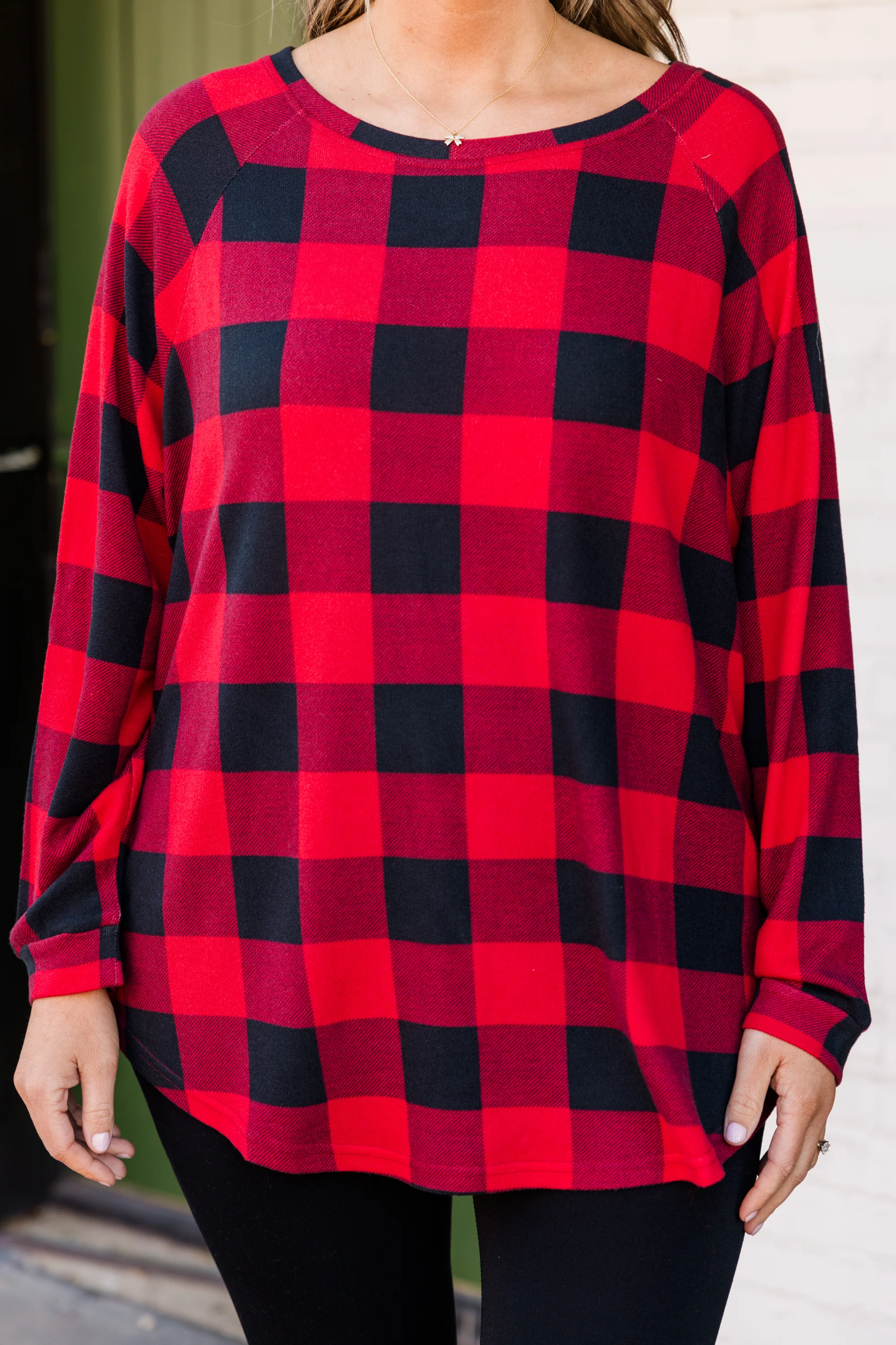 Curved Hem Slouchy Dolman Tunic, Red Plaid - Giverhouse