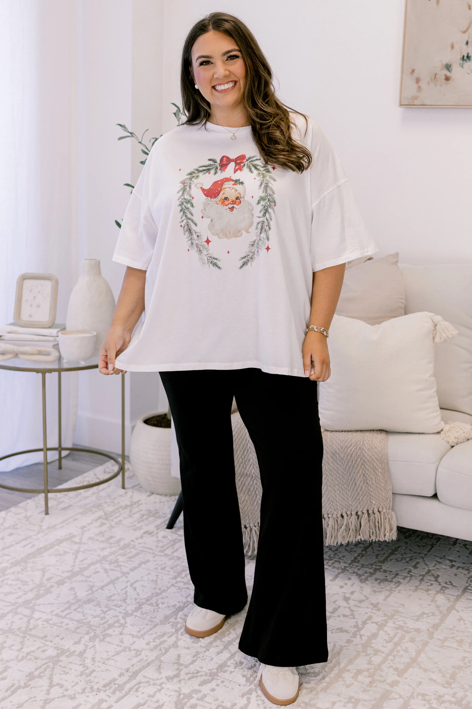 Wreath of Santa Imported Boyfriend Tee, White - Giverhouse