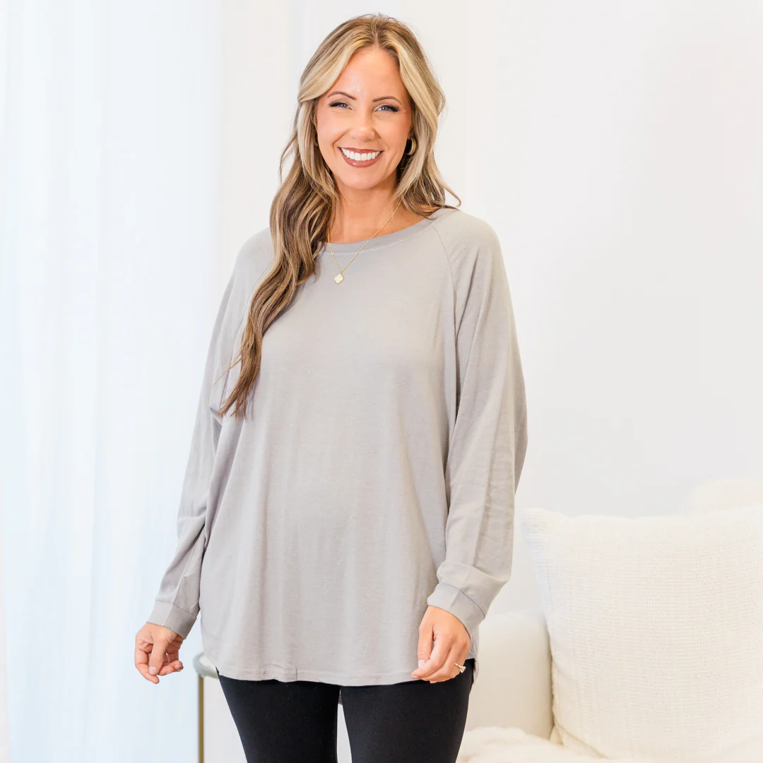 Curved Hem Slouchy Dolman Tunic, Smokey Gray - Giverhouse