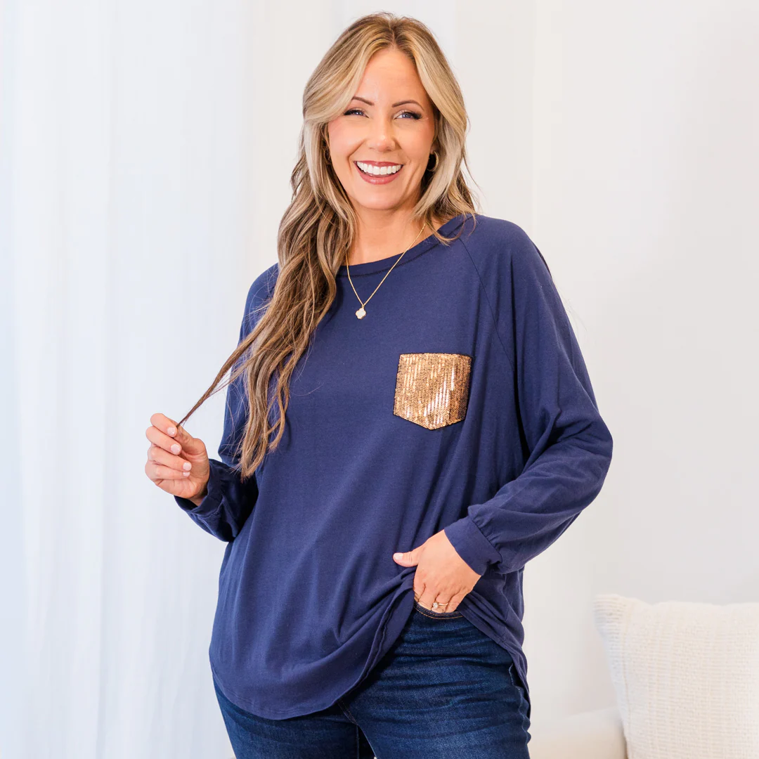 Curved Hem Slouchy Dolman Tunic, Navy Sequin - Giverhouse