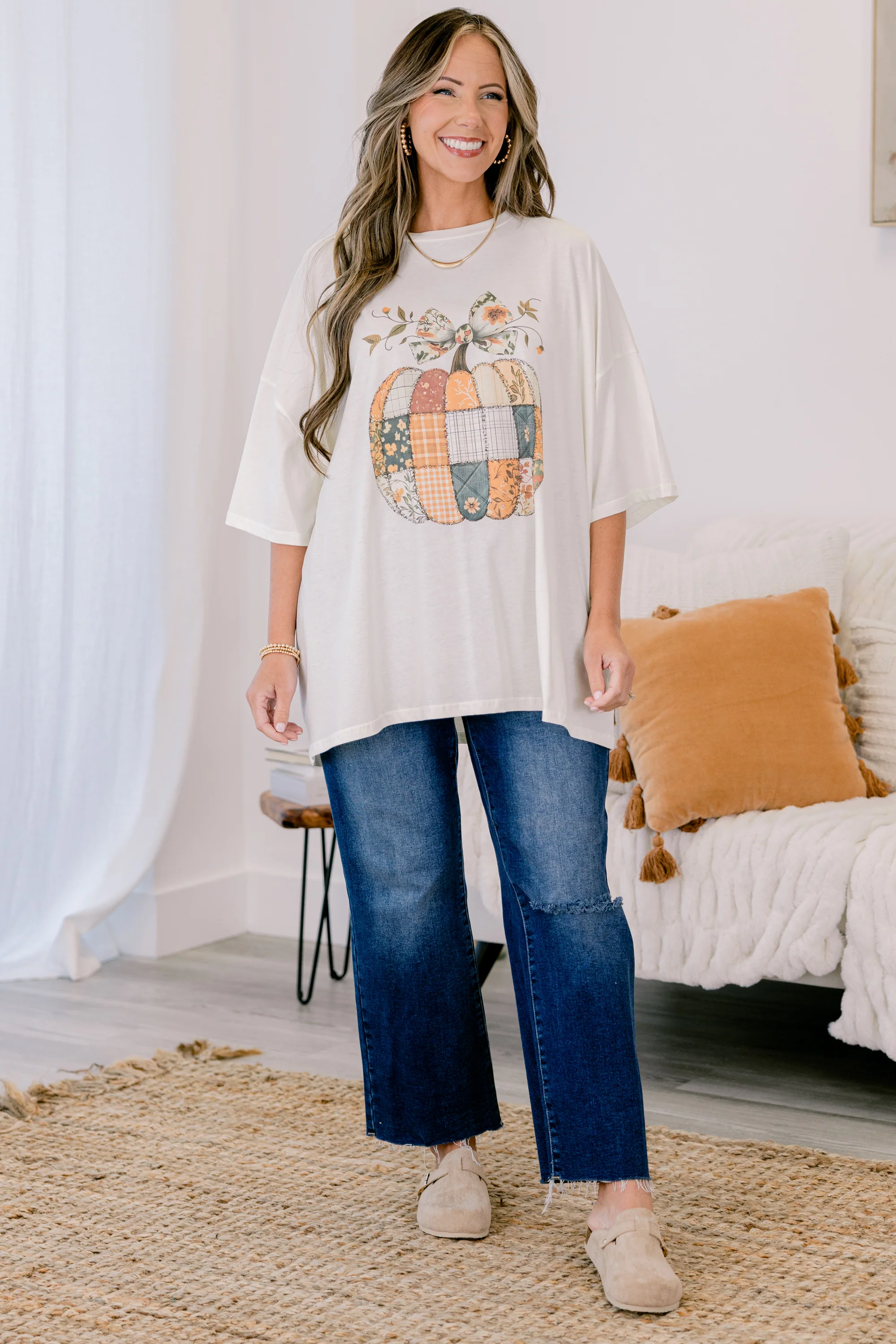 Patches of Pumpkins Boyfriend Tee, Ivory - Giverhouse