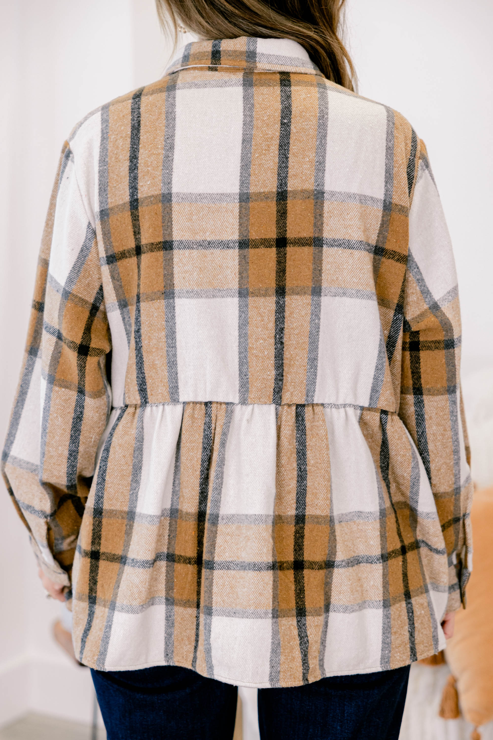 Cozy Plaid Babydoll Shacket, Khaki - Giverhouse