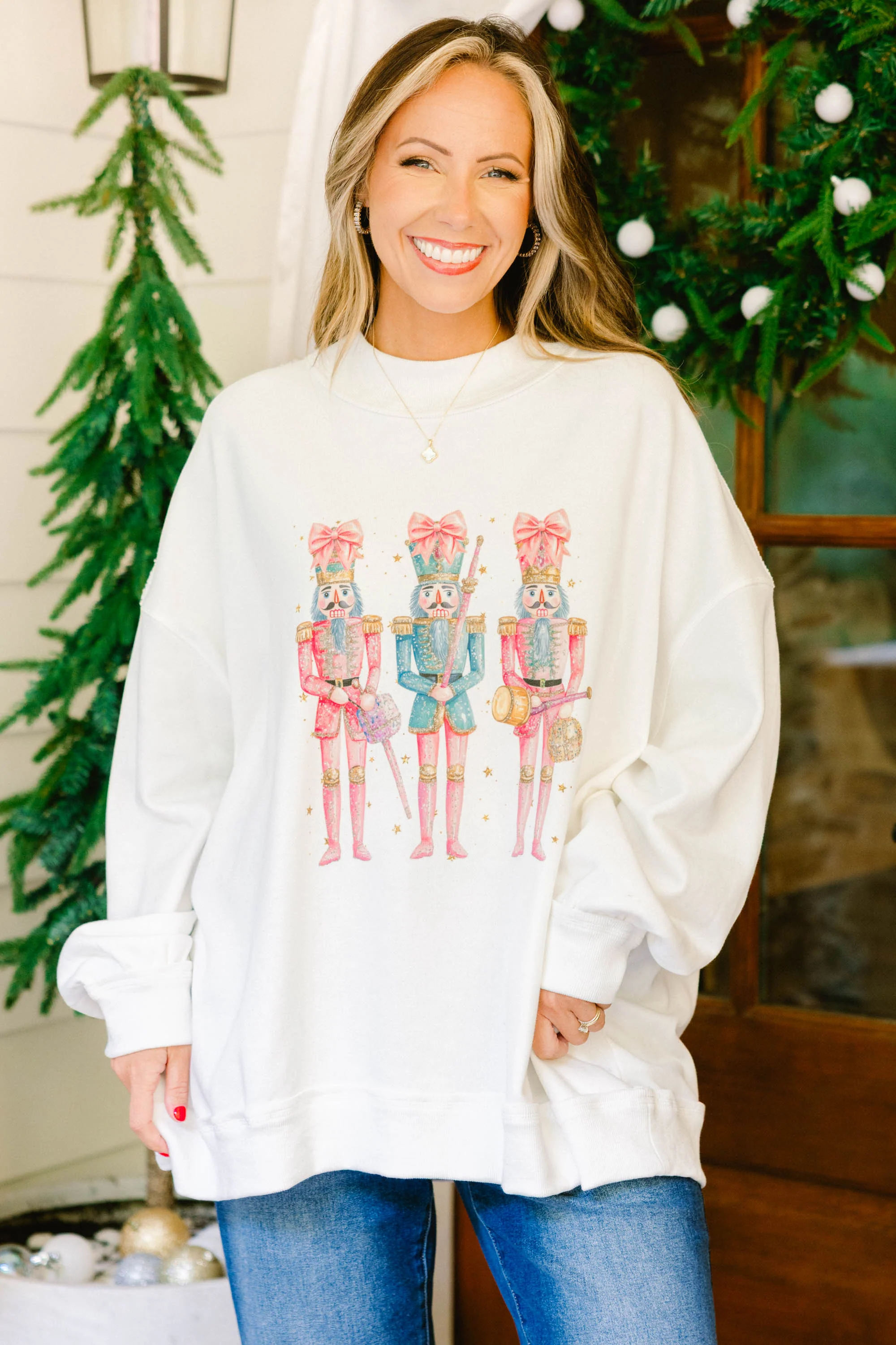 Nutcracker Christmas Mock Neck Pullover, Ivory - Giverhouse