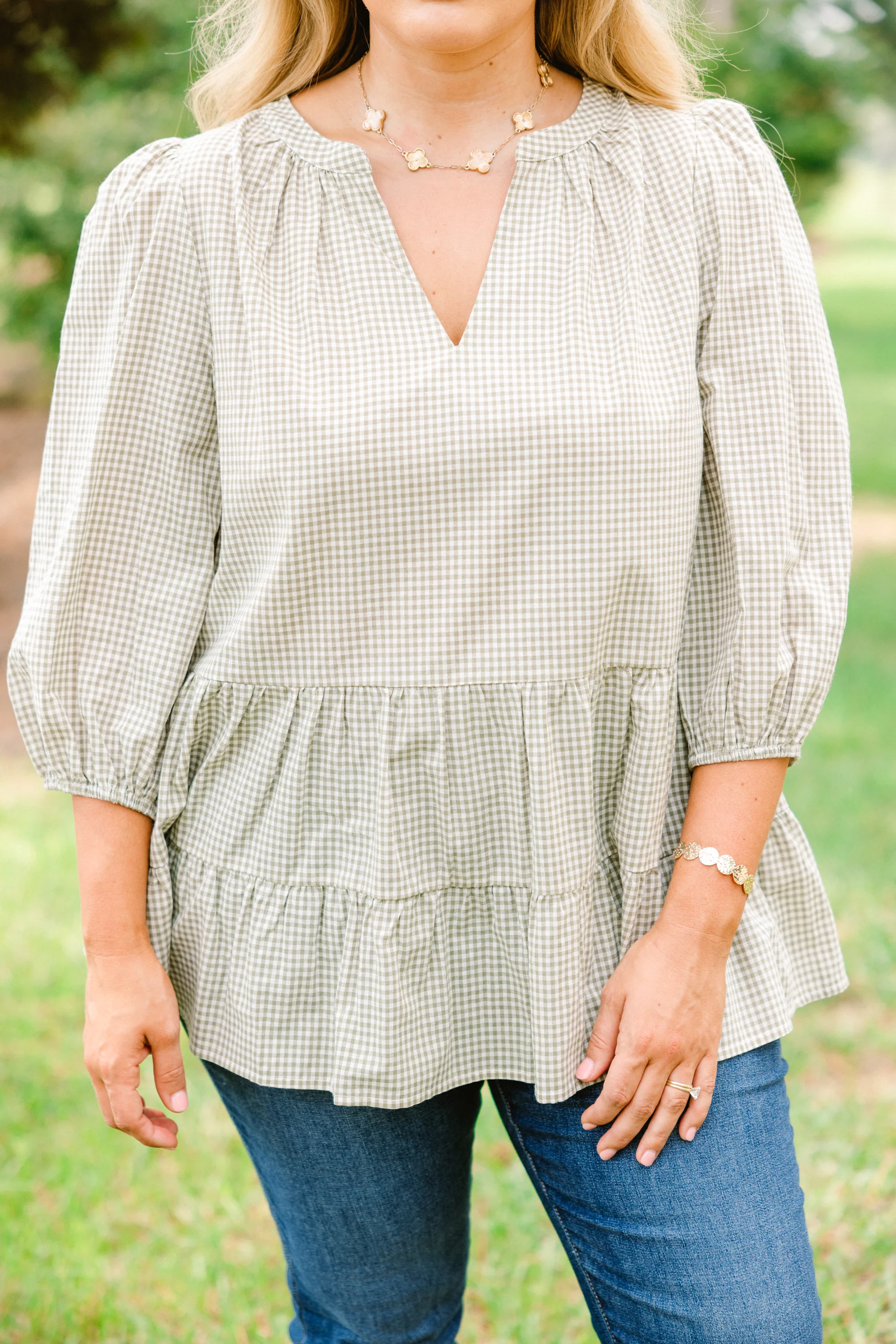 Pretty And Polished Top, Green Gingham - Giverhouse