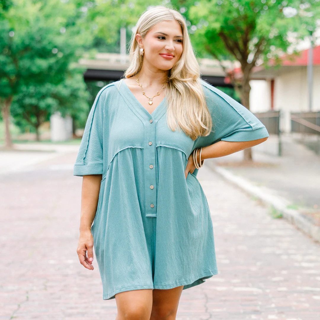 Throw On And Go Romper, Dusty Teal - Giverhouse