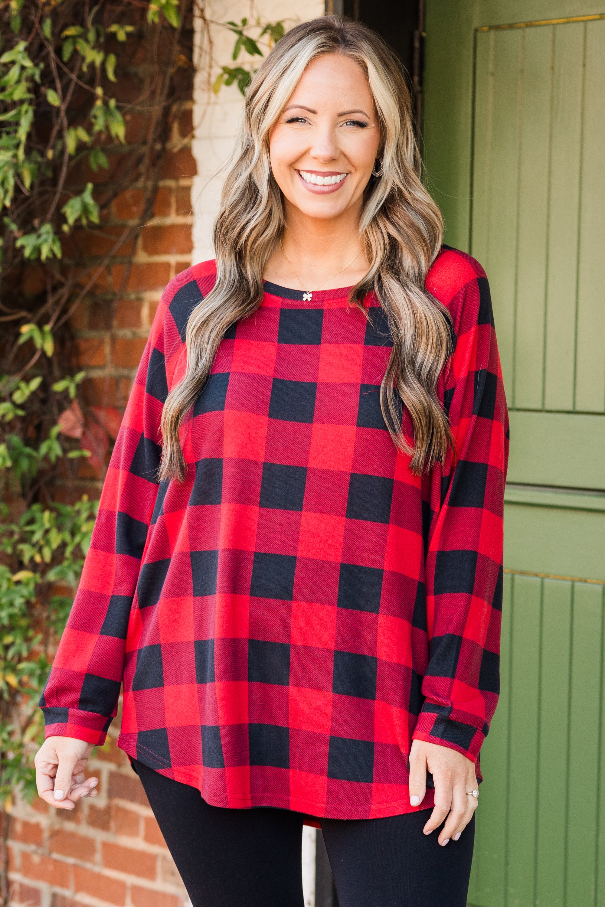 Curved Hem Slouchy Dolman Tunic, Red Plaid - Giverhouse