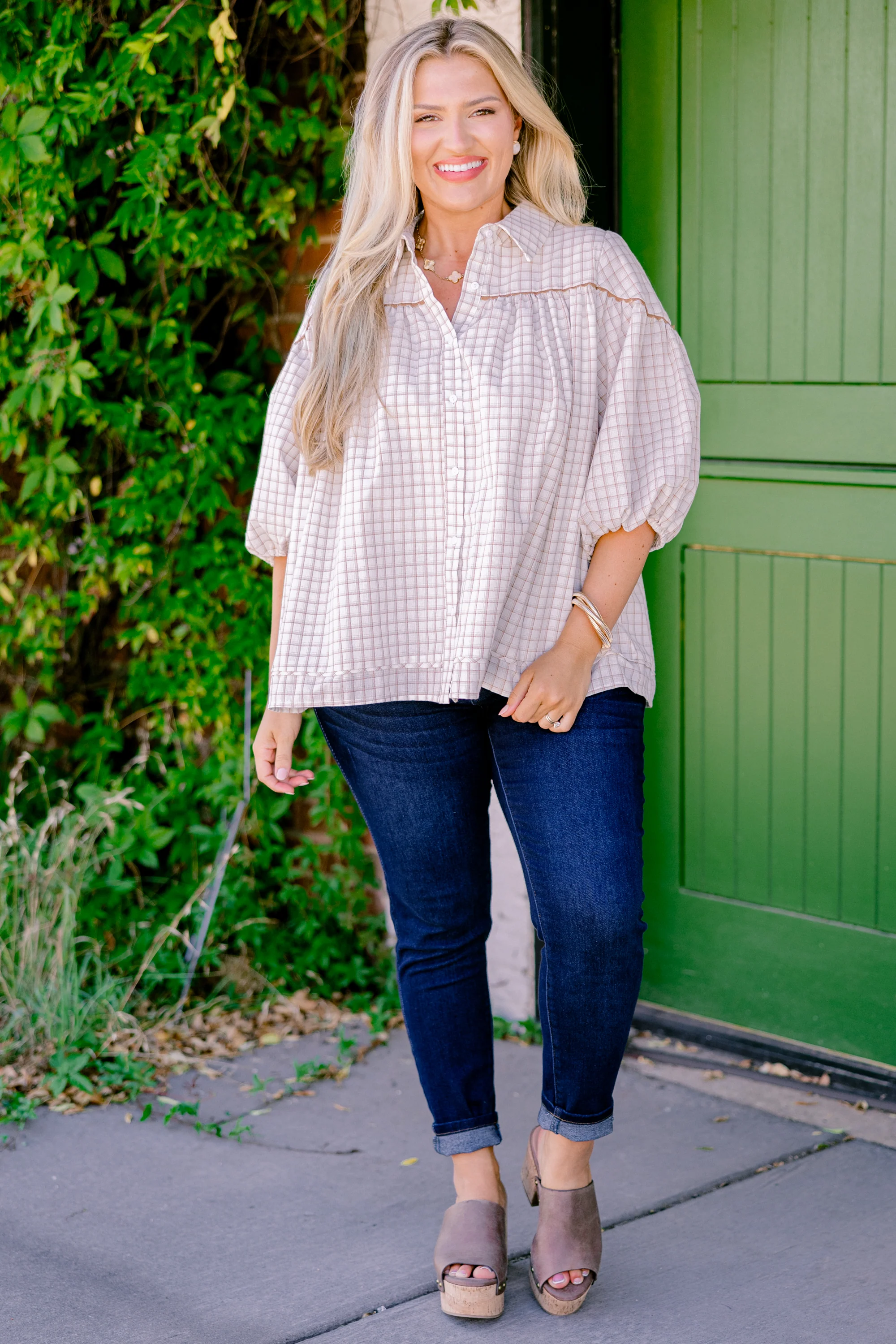 Love Is All Around Blouse, Cream Plaid - Giverhouse