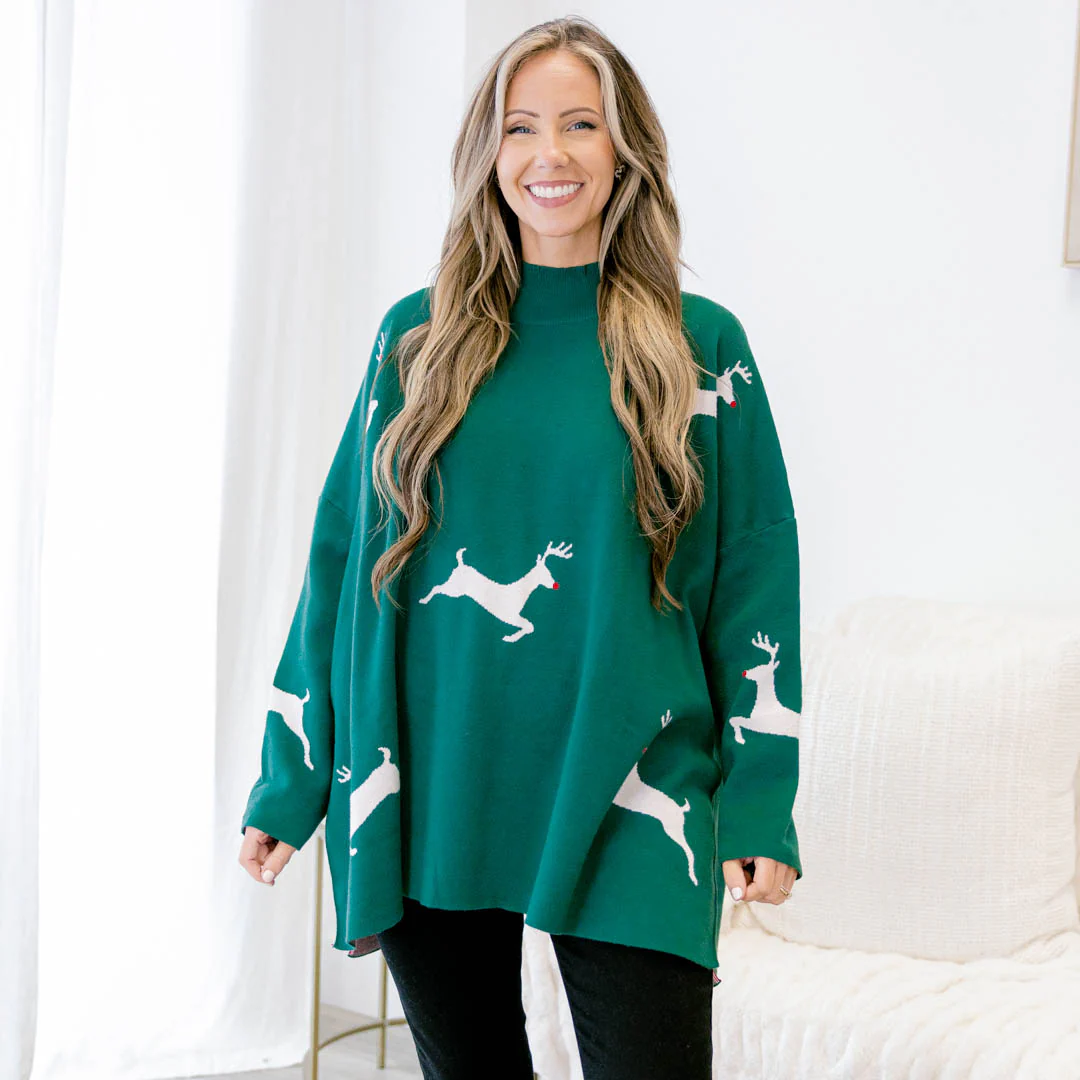 Everything And More Sweater, Green Deer - Giverhouse