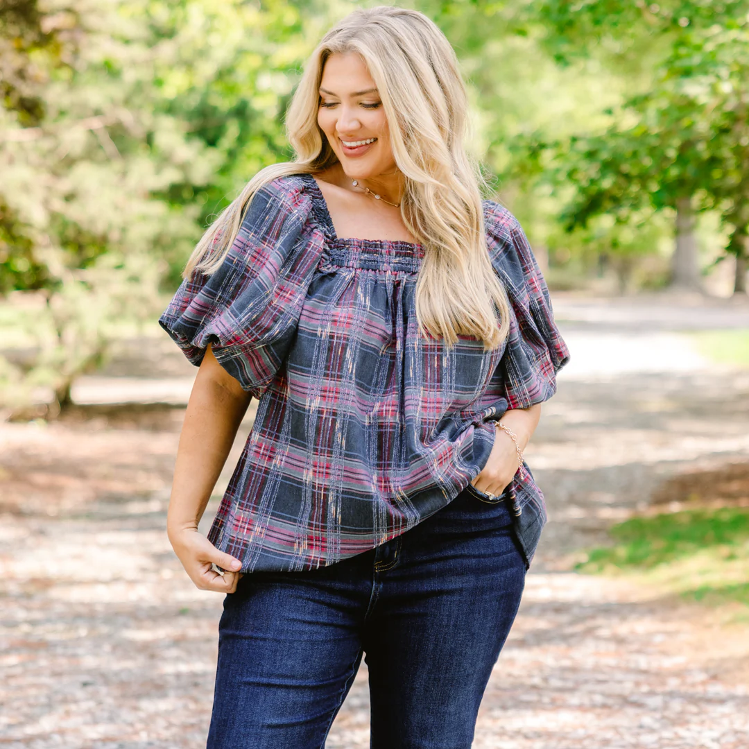 Cozy Love Top, Gray-Pink Plaid - Giverhouse