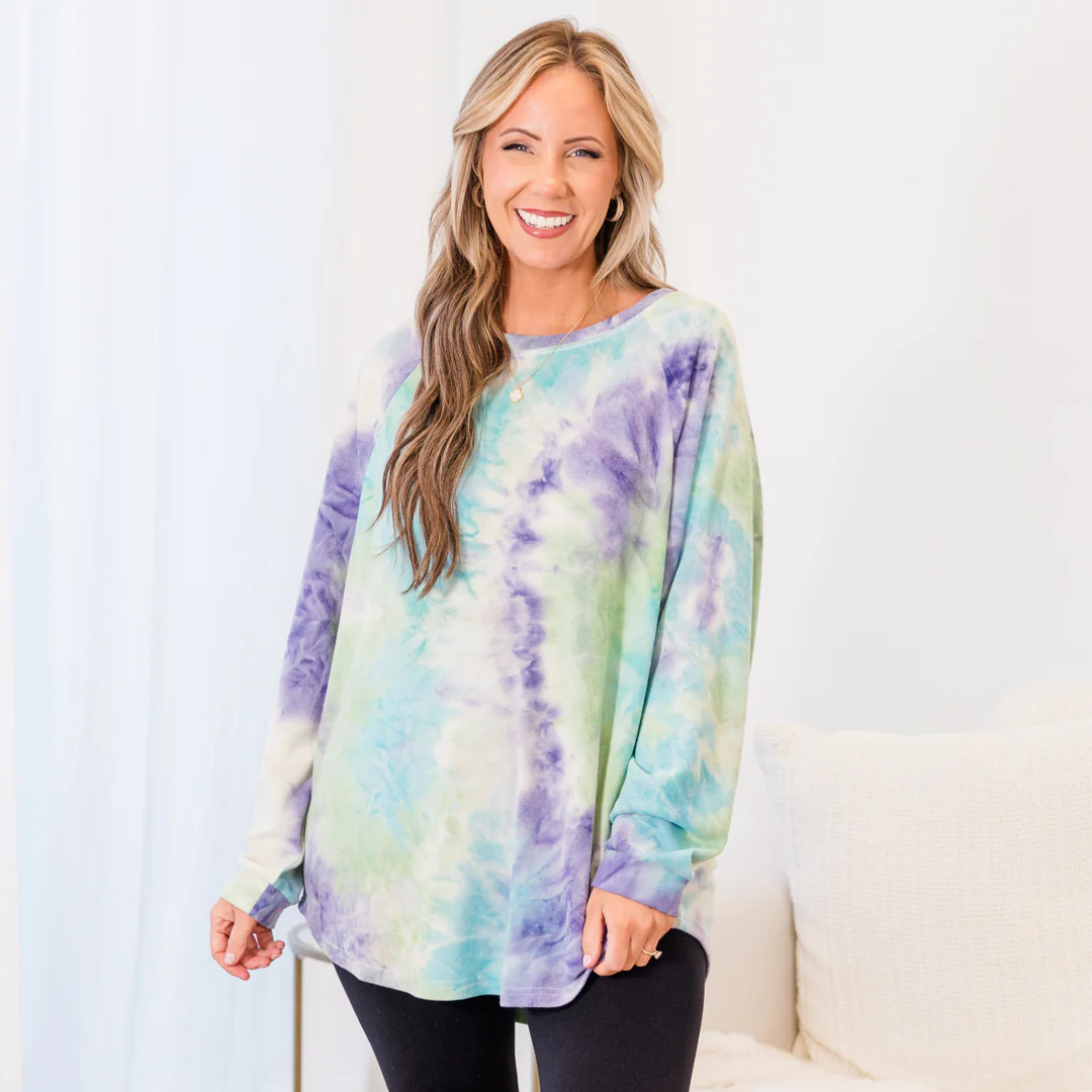 Curved Hem Slouchy Dolman Tunic, Tie Dye Purple - Giverhouse