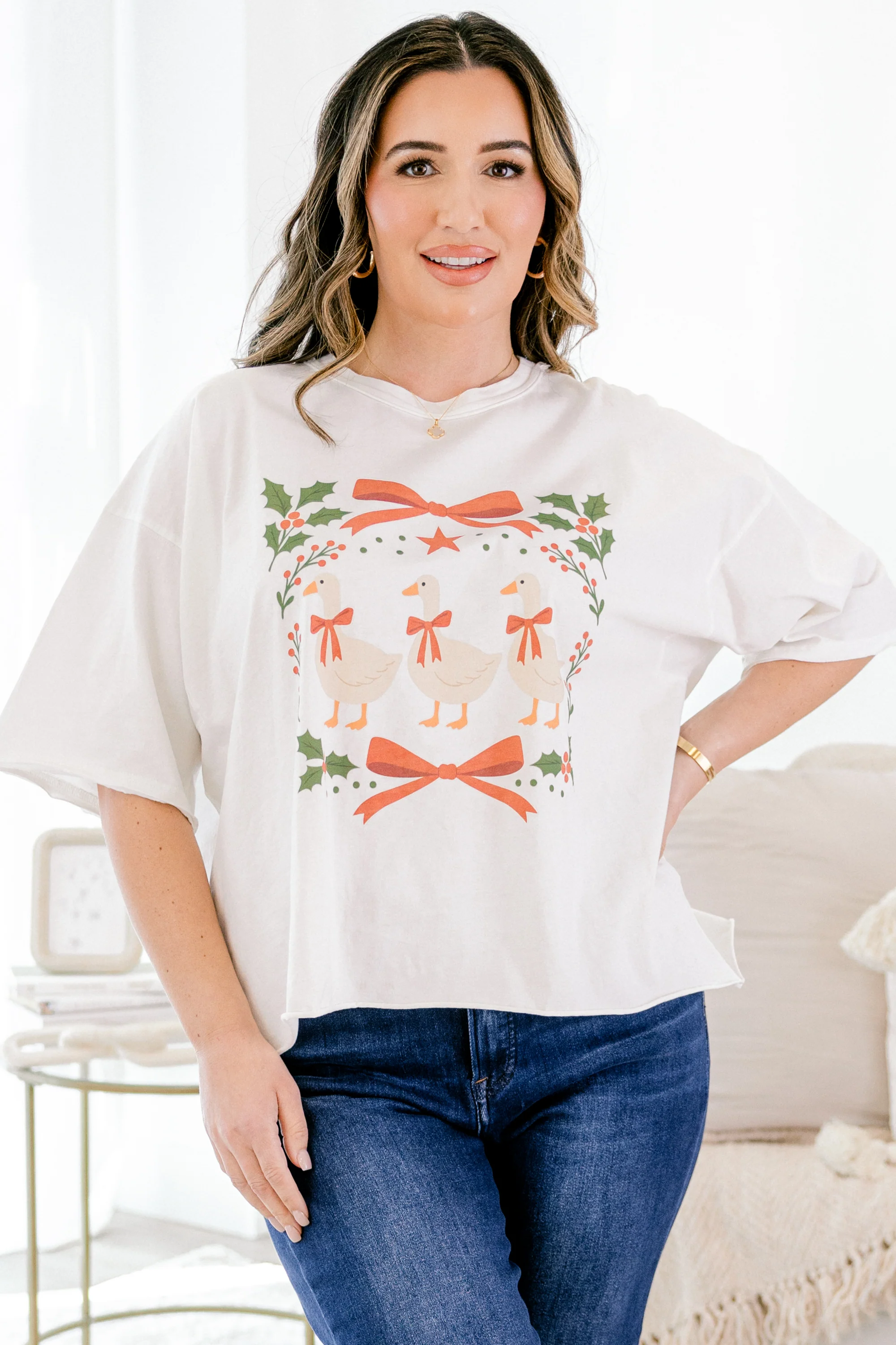 Christmas Goose Vintage Wash Tee, White - Giverhouse