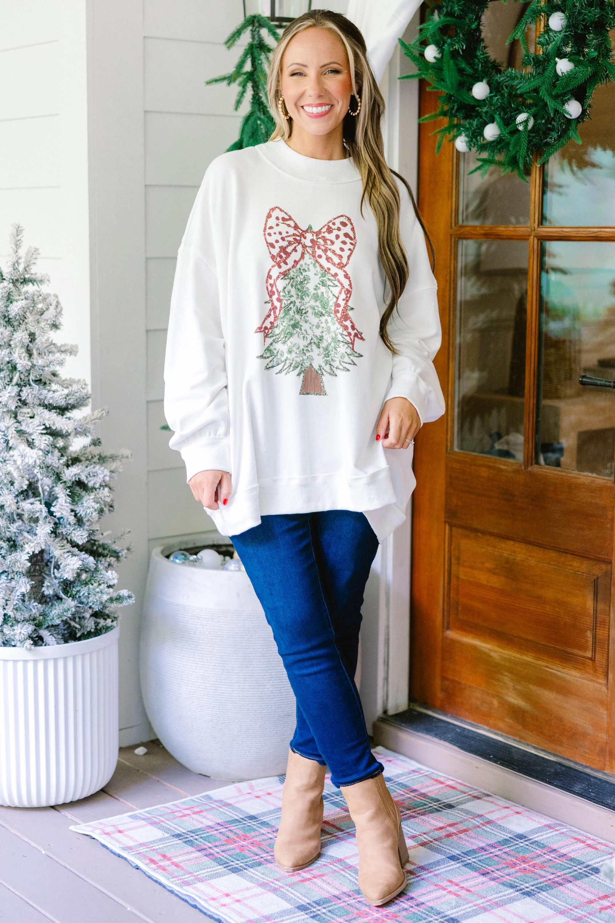 Postcards At Christmas Mock Neck Pullover, Ivory - Giverhouse
