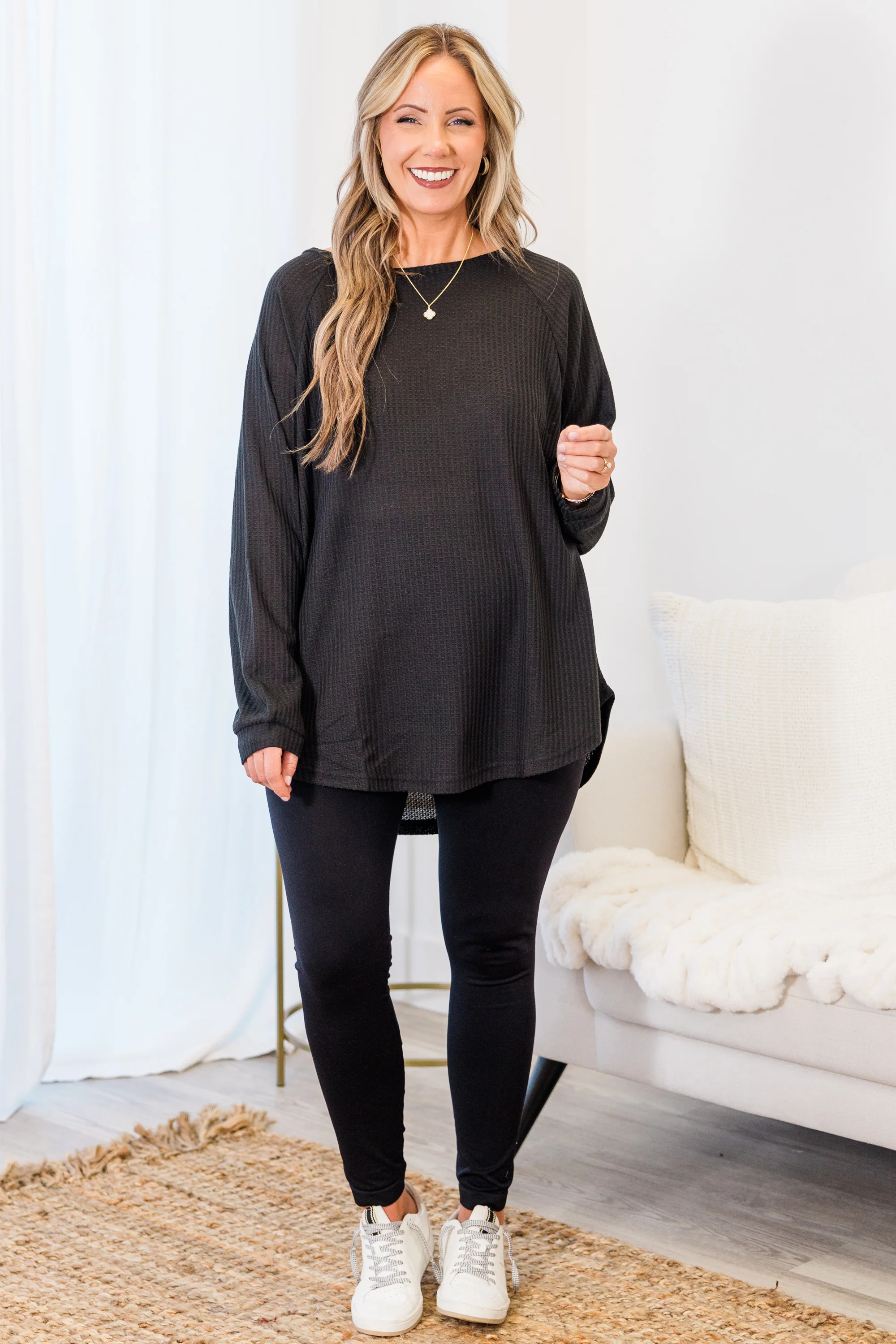 Curved Hem Slouchy Dolman Tunic, Black Thermal - Giverhouse