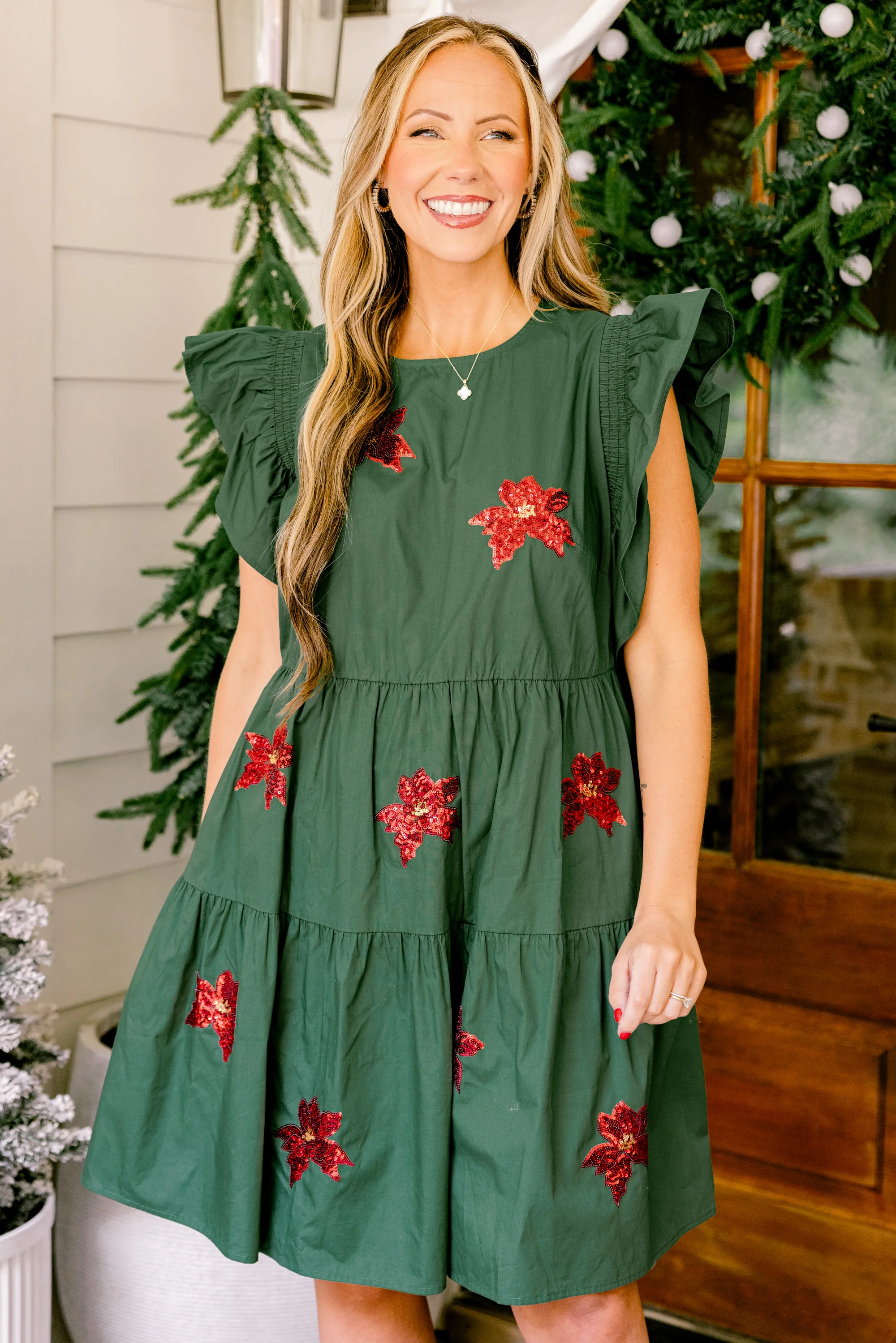 Poinsettia Bloom Dress, Green - Giverhouse