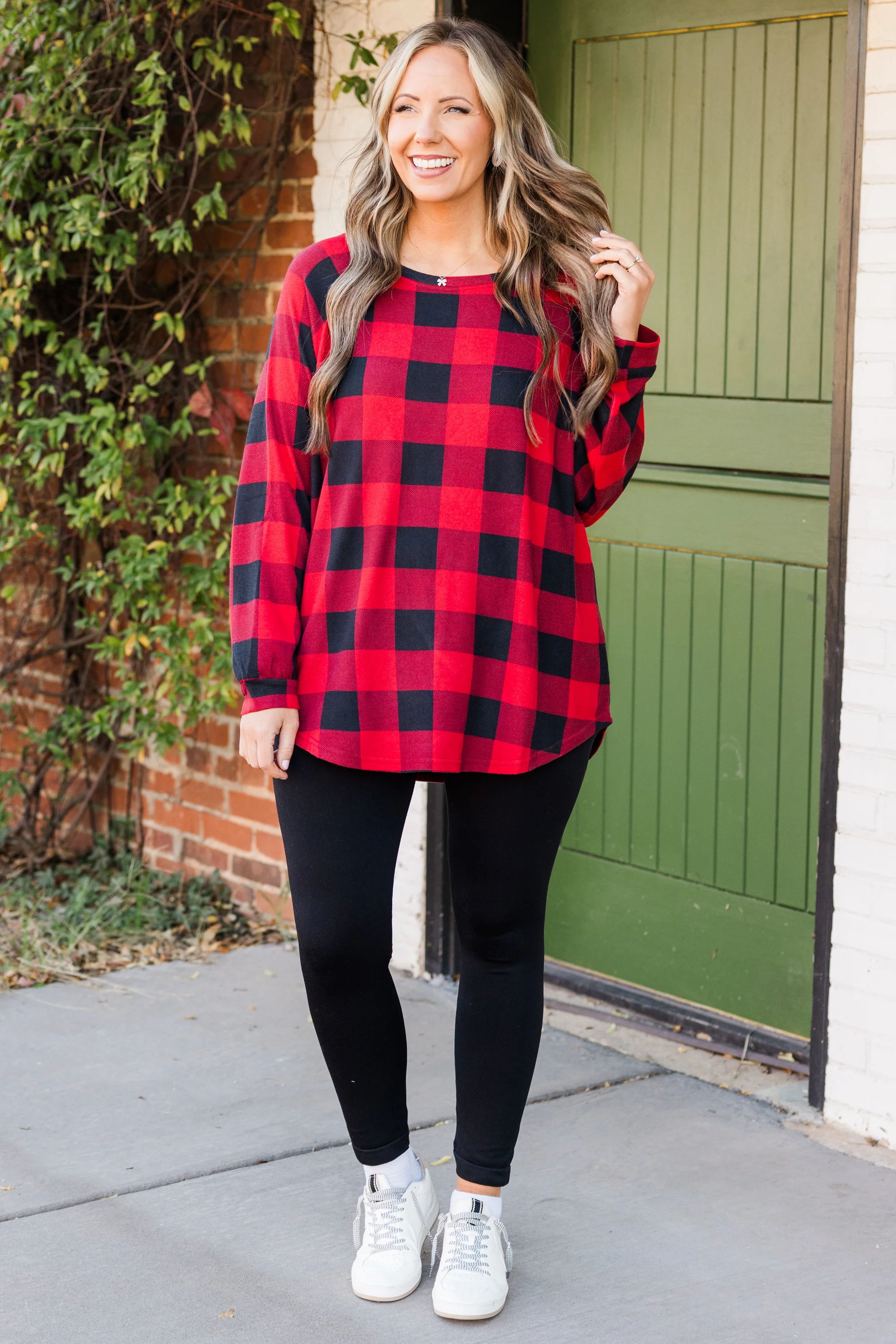 Curved Hem Slouchy Dolman Tunic, Red Plaid - Giverhouse
