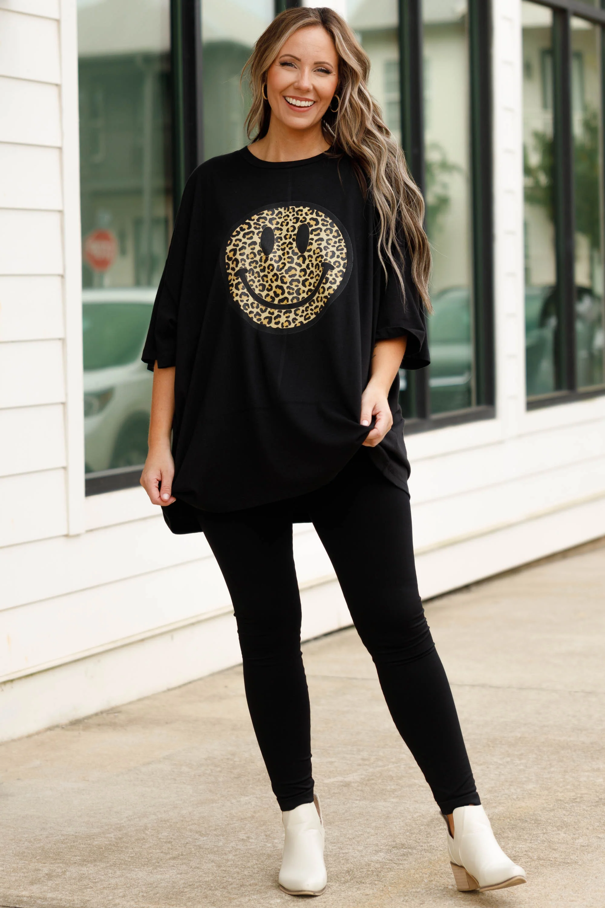 Smiley Face Boyfriend Tee, Black - Giverhouse
