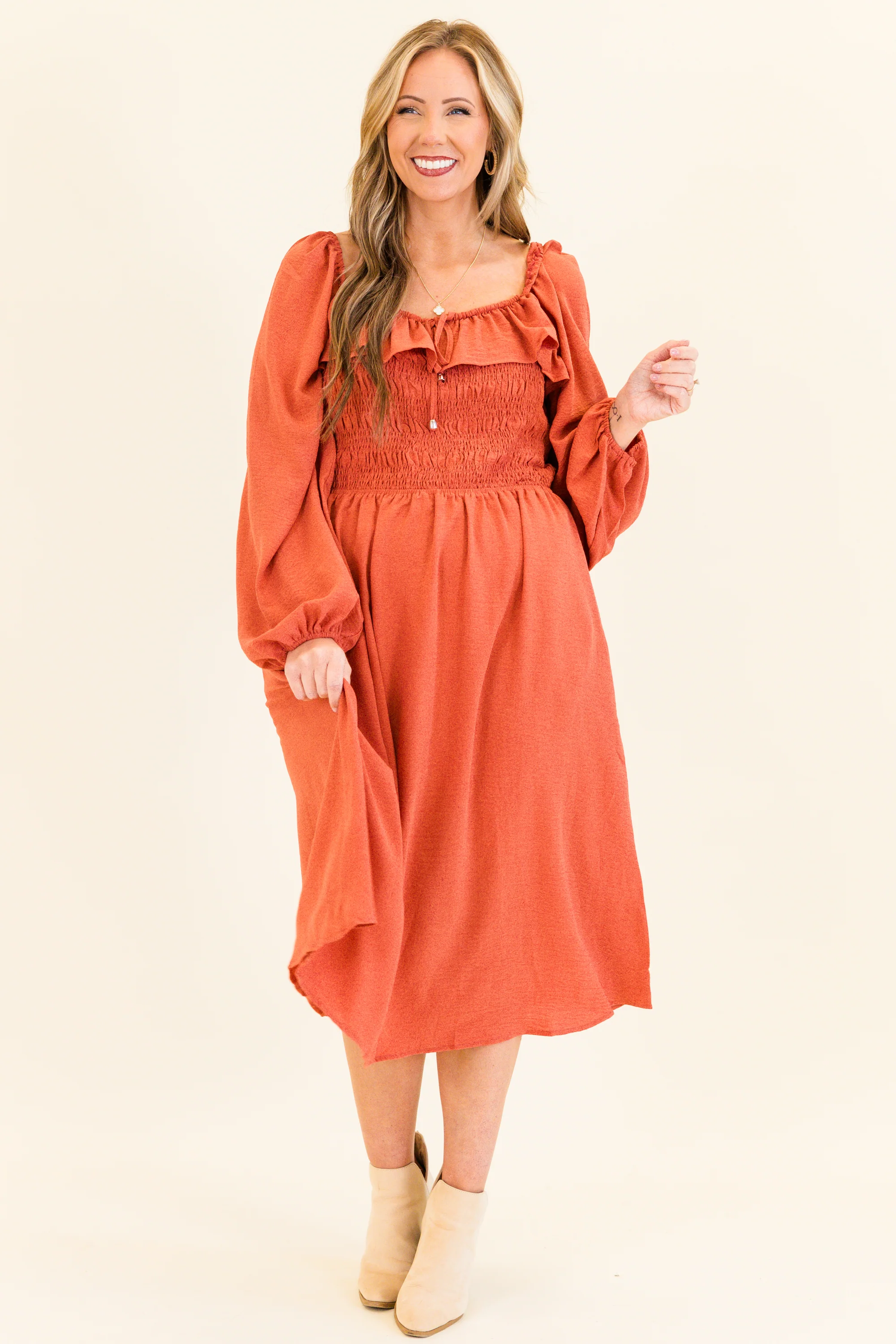 Field Of Dreams Midi Dress, Terracotta - Giverhouse