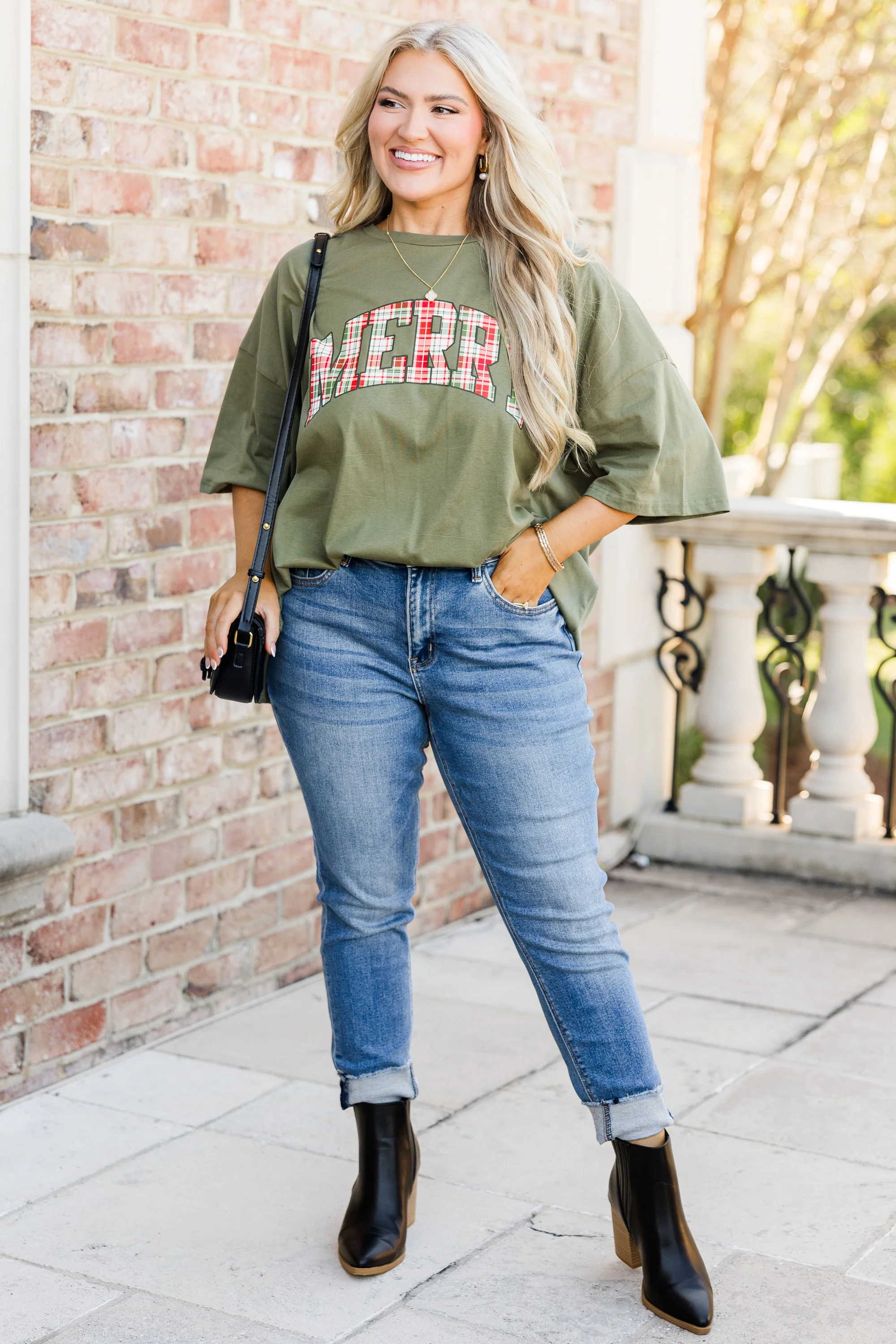 Merry and Plaid Boyfriend Tee, Moss - Giverhouse
