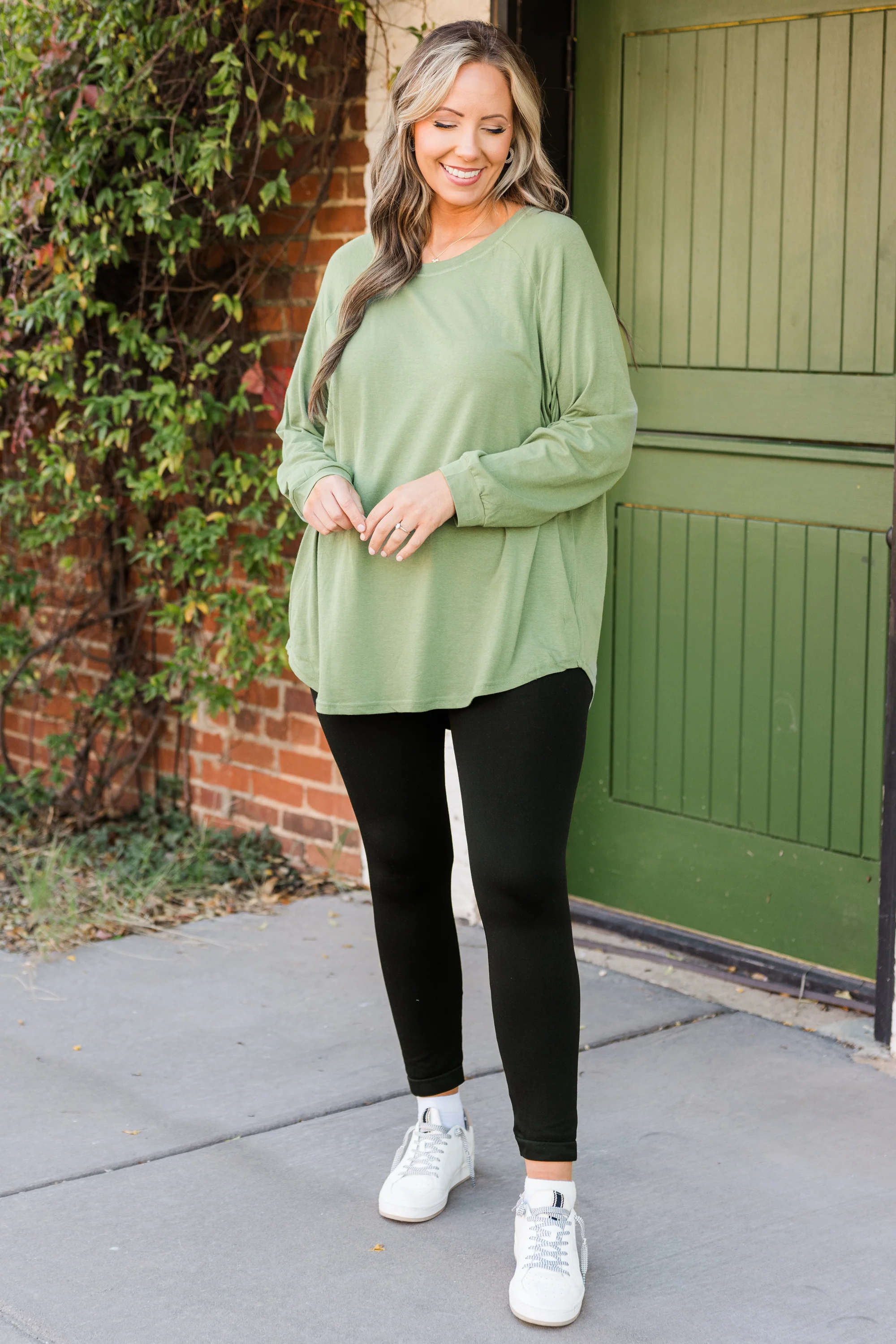 Curved Hem Slouchy Dolman Tunic, Sage - Giverhouse