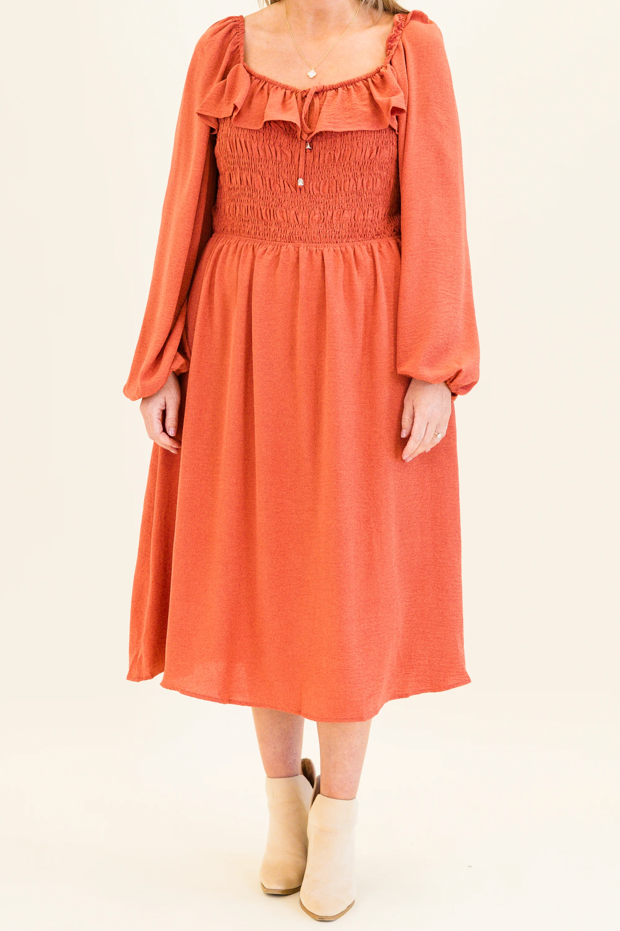 Field Of Dreams Midi Dress, Terracotta - Giverhouse