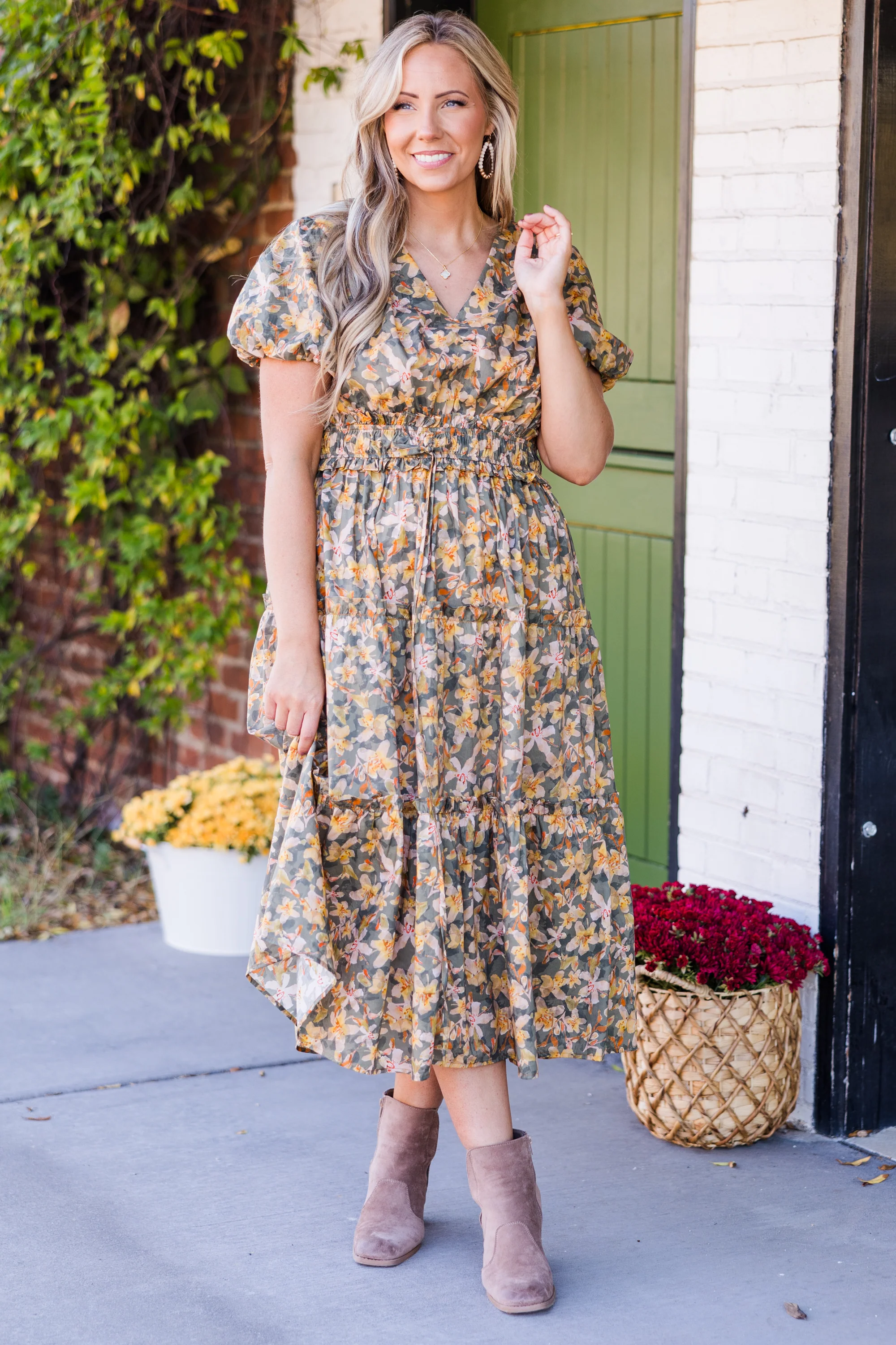 Muted Garden Midi Dress, Yellow - Giverhouse