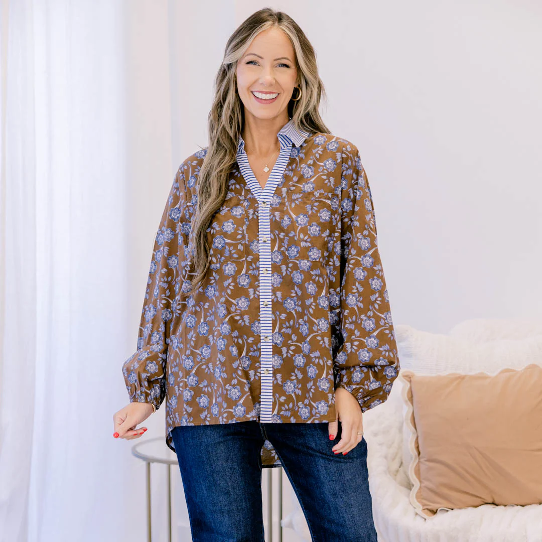 Garden Time Top, Brown-Blue Floral - Giverhouse