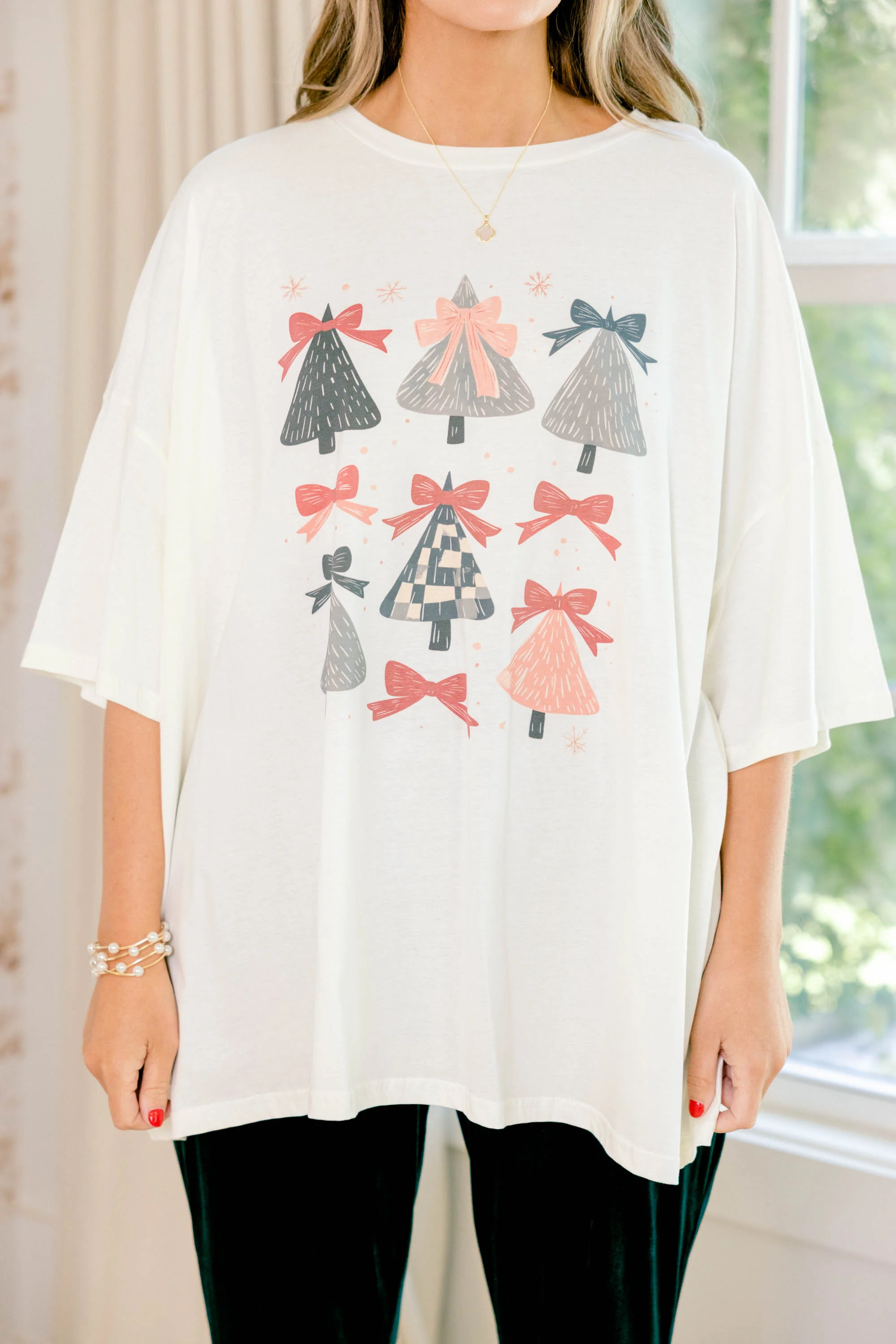 Holly Jolly Trees Boyfriend Tee, Ivory - Giverhouse