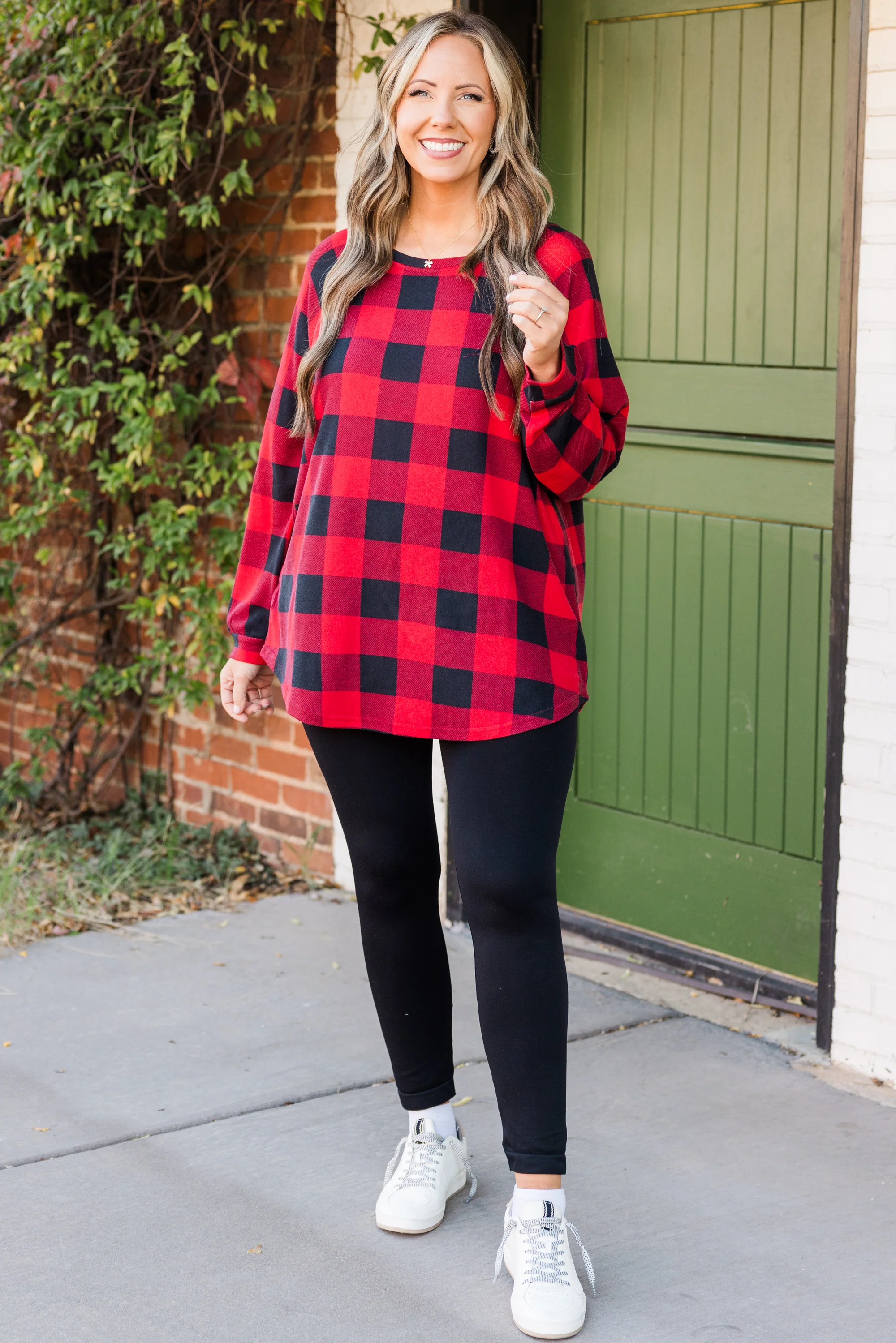 Curved Hem Slouchy Dolman Tunic, Red Plaid - Giverhouse