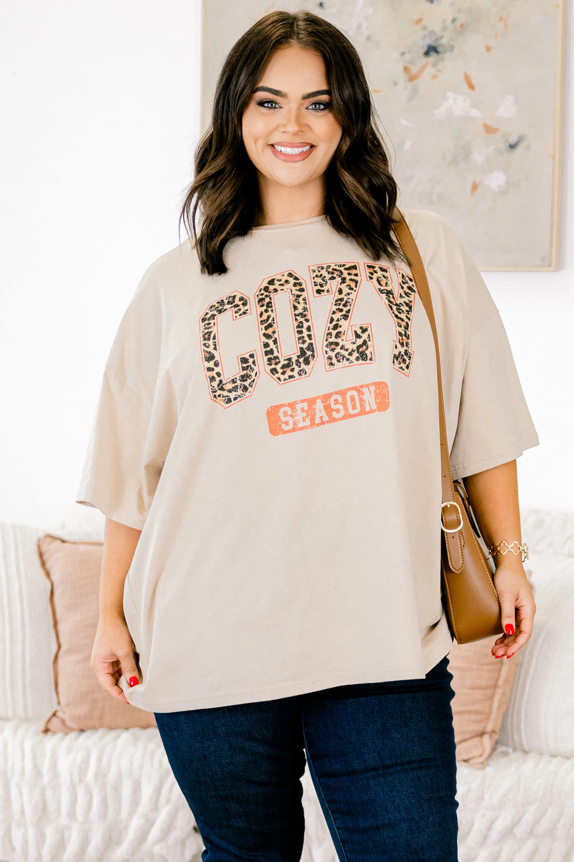 Let's Get Cozy Boyfriend Tee, Light Mocha - Giverhouse