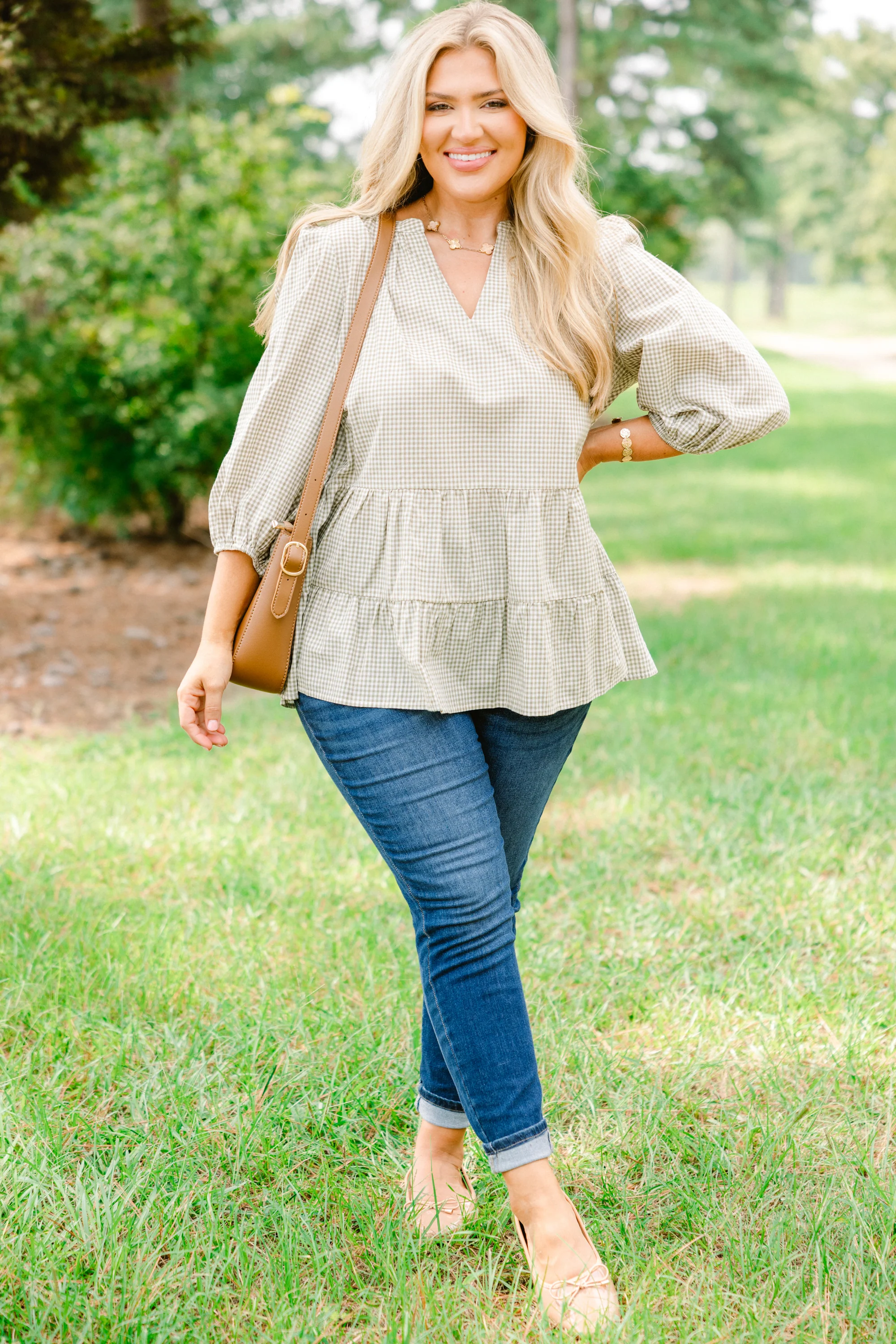 Pretty And Polished Top, Green Gingham - Giverhouse