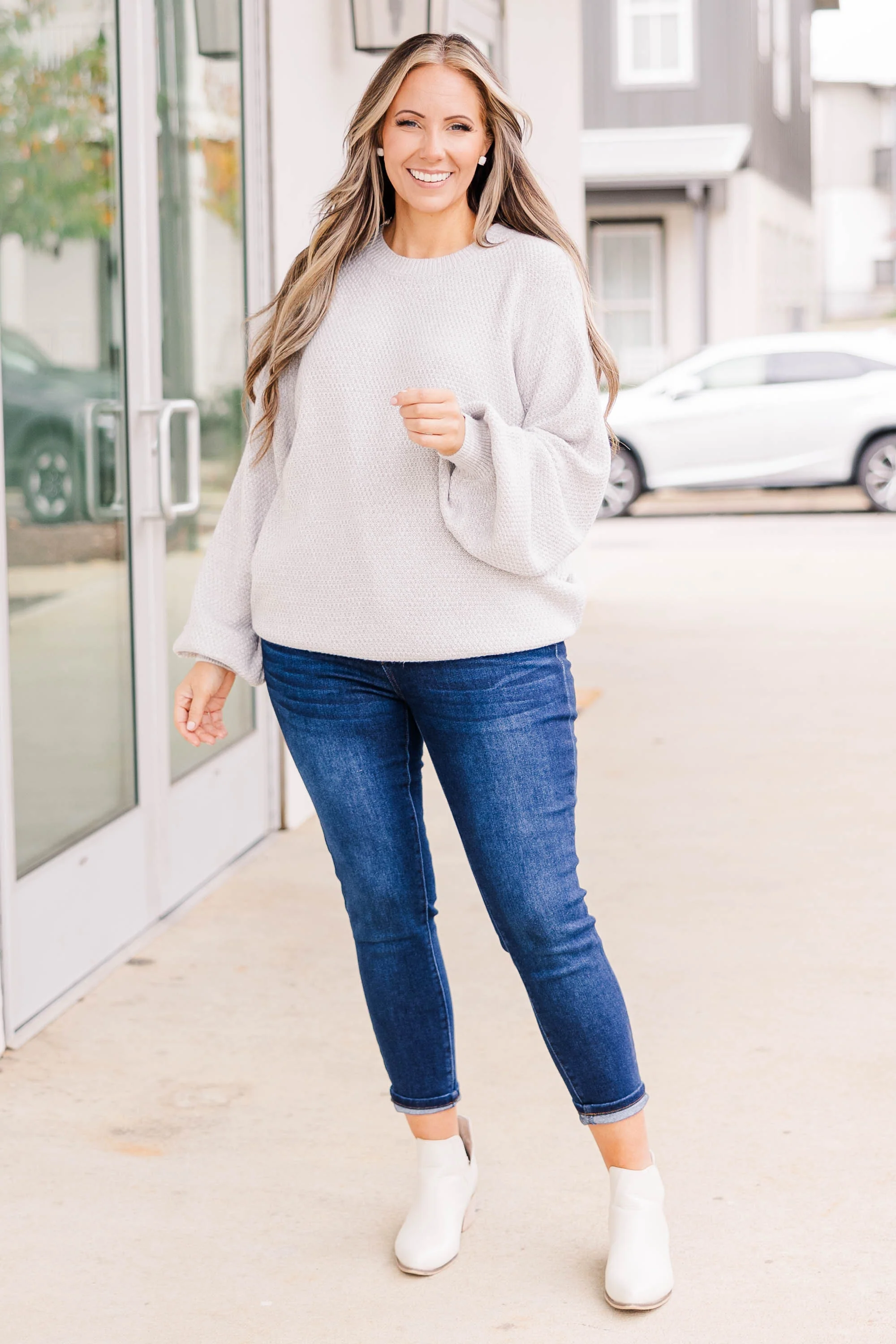 Cozy Bubble Sleeve Sweater, Silver - Giverhouse