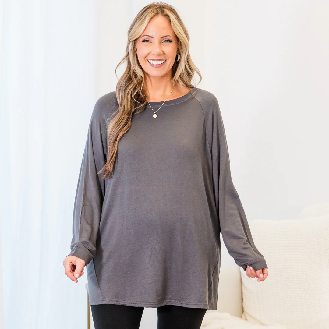 Relaxed Hem Slouchy Dolman Tunic, Charcoal Fleece - Giverhouse