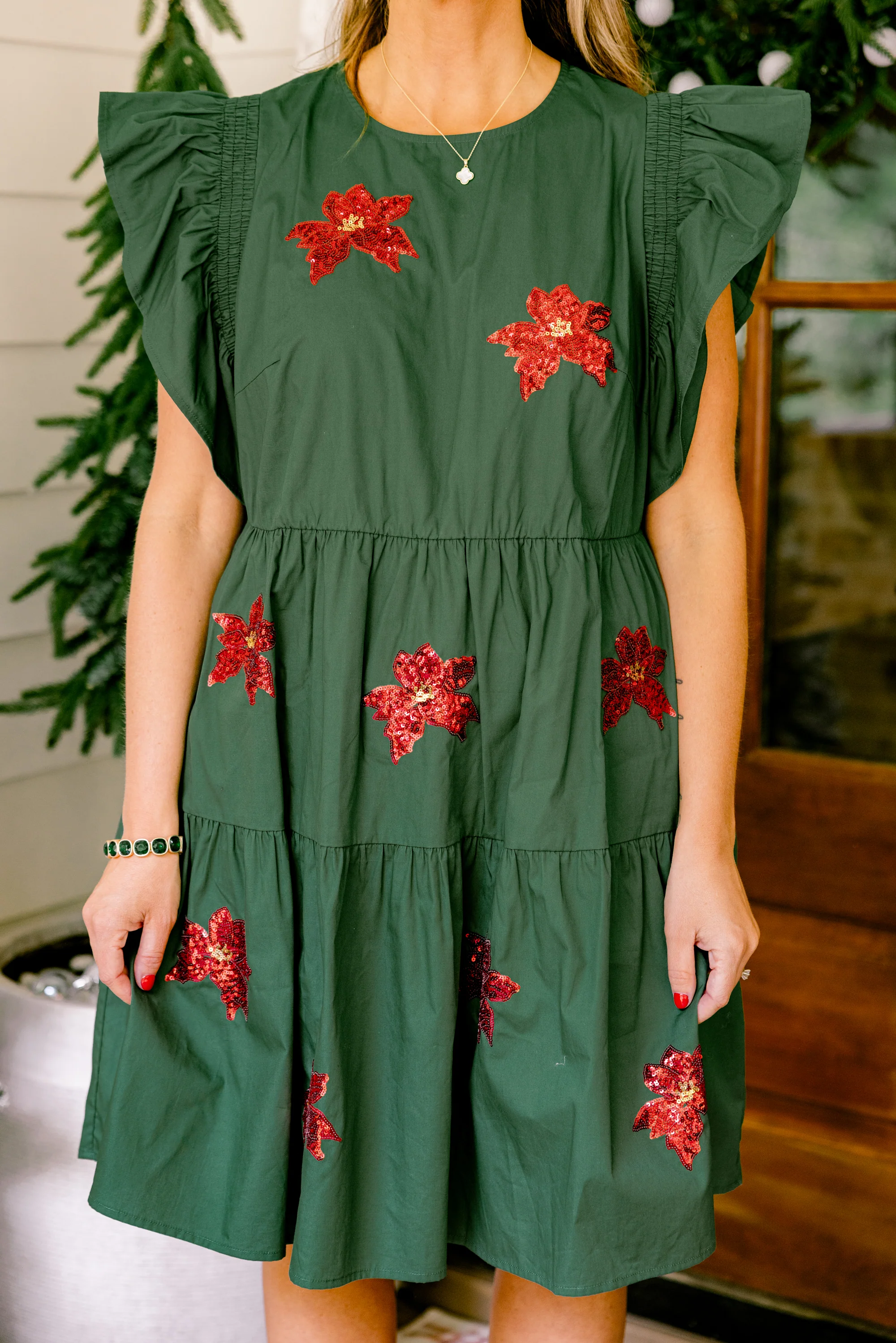 Poinsettia Bloom Dress, Green - Giverhouse