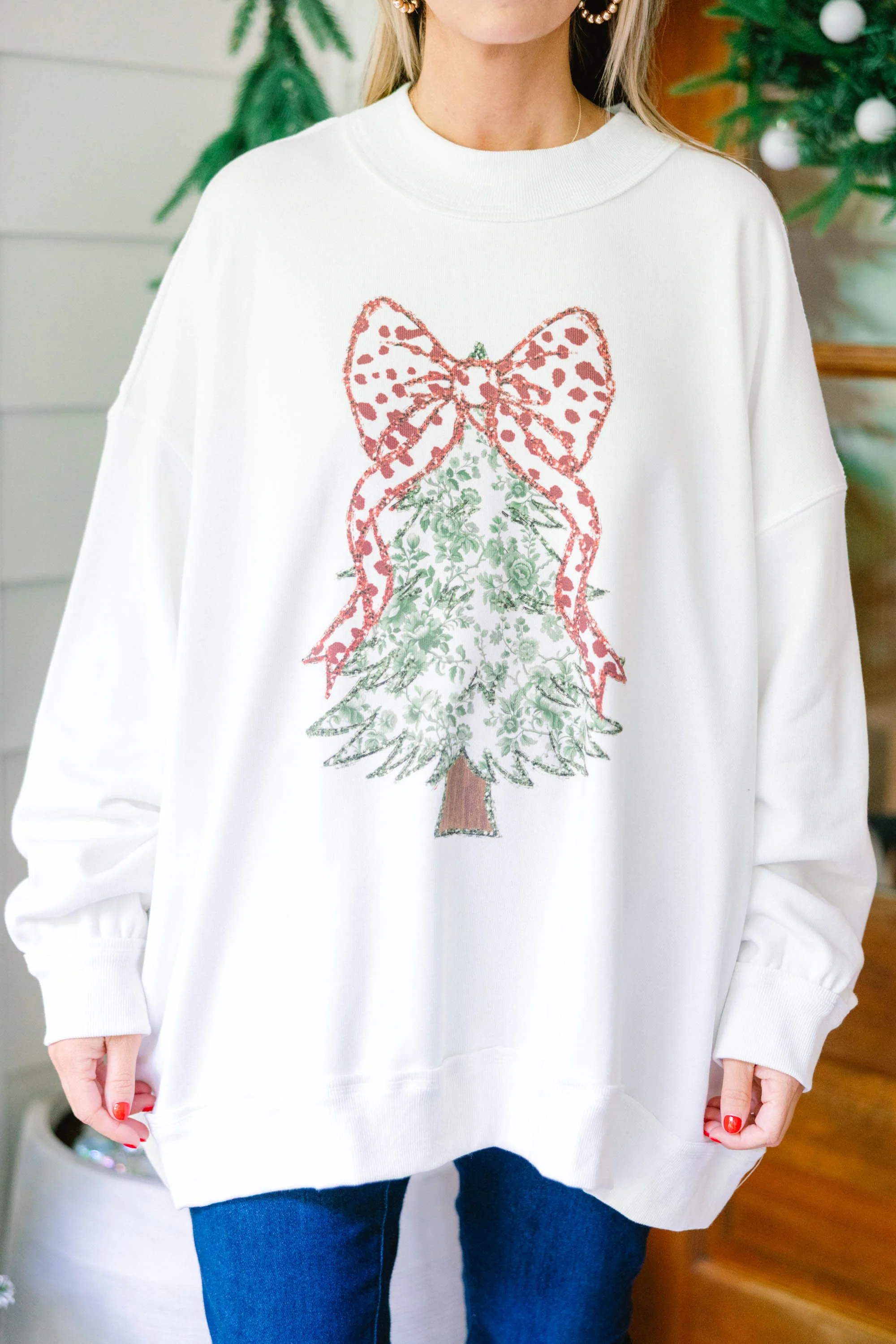Postcards At Christmas Mock Neck Pullover, Ivory - Giverhouse