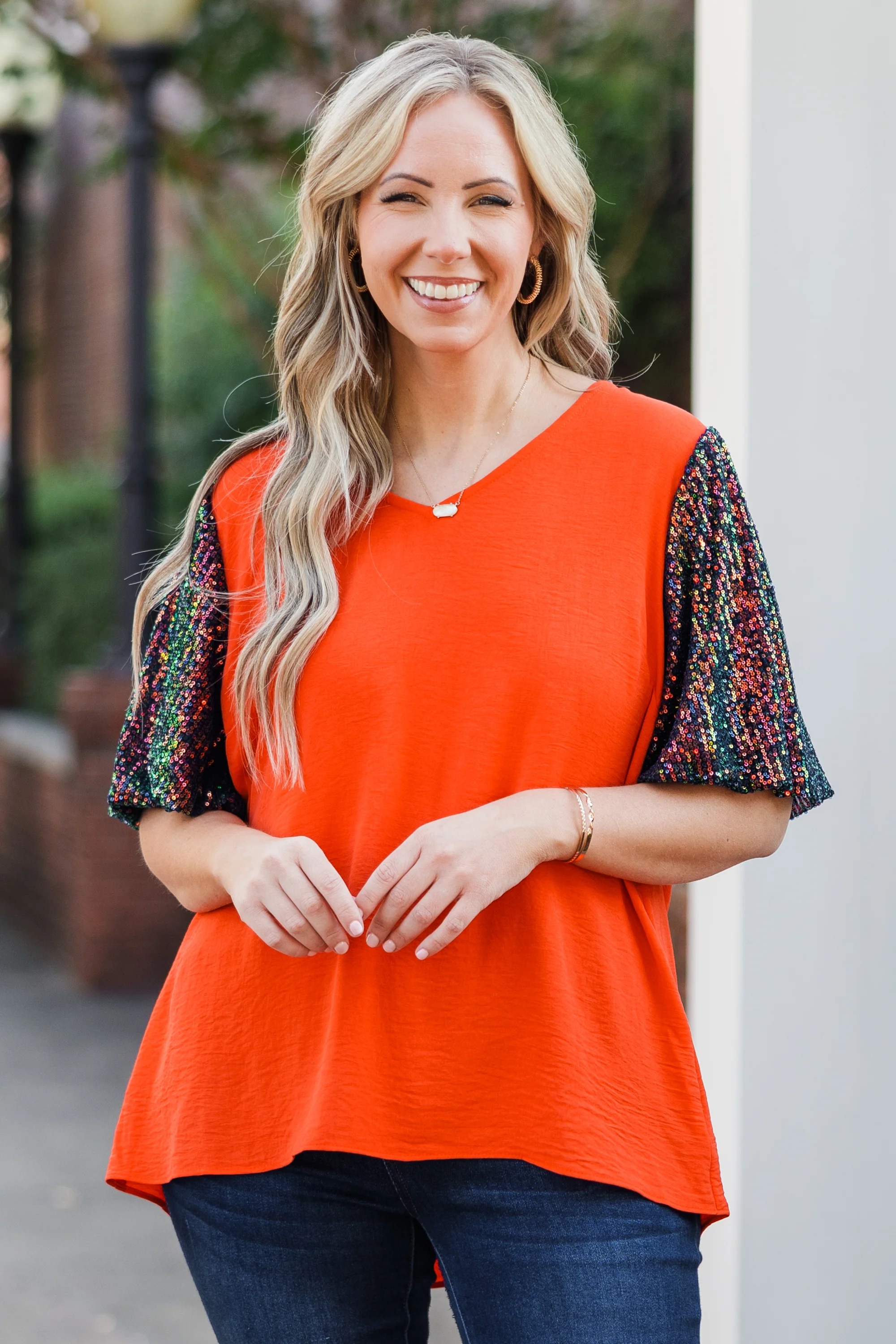 Gameday Glam Top, Orange-Navy - Giverhouse
