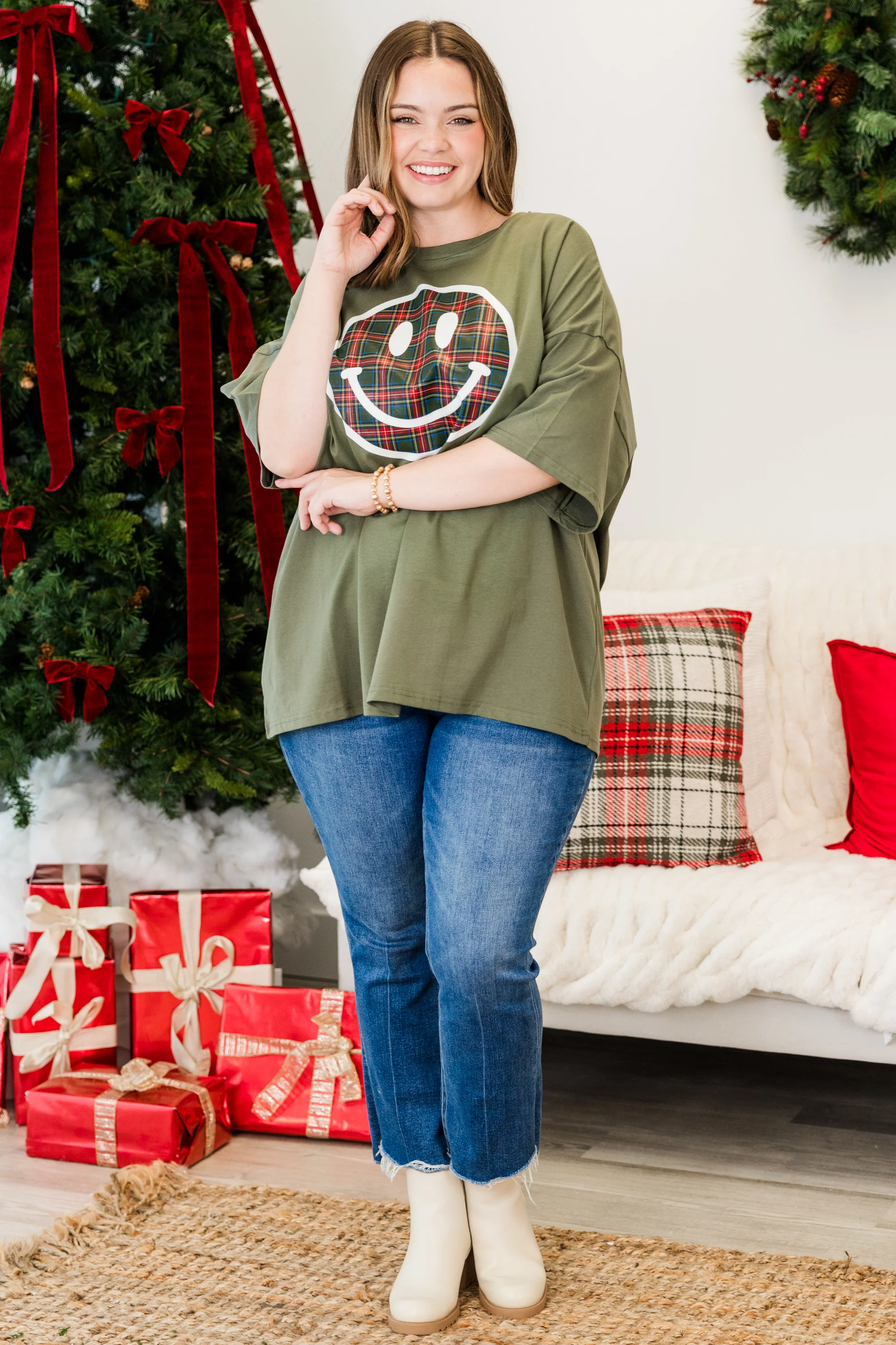 Plaid Smiley Boyfriend Tee, Moss - Giverhouse