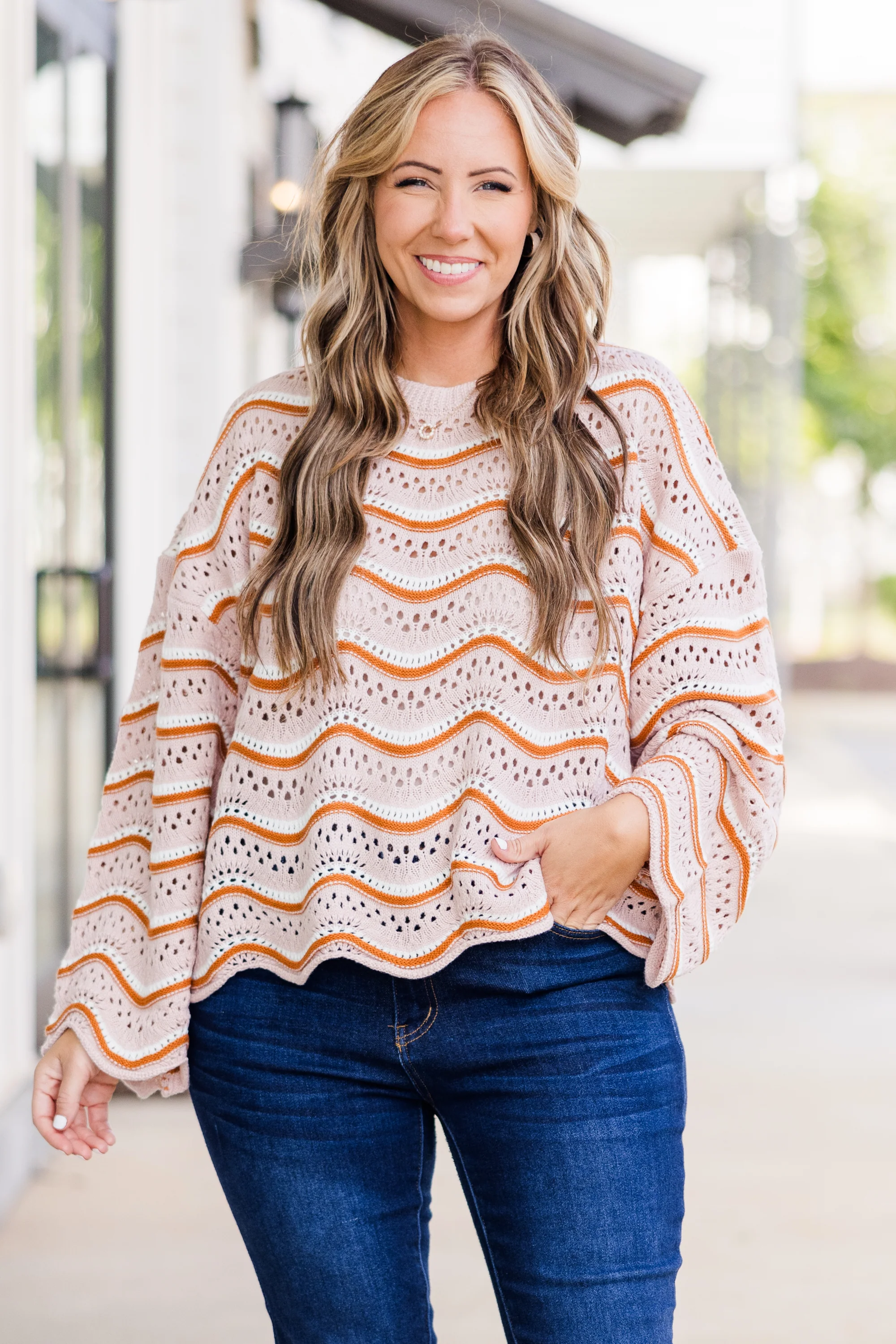 Wavy Comfort Sweater, Cream-Brown - Giverhouse