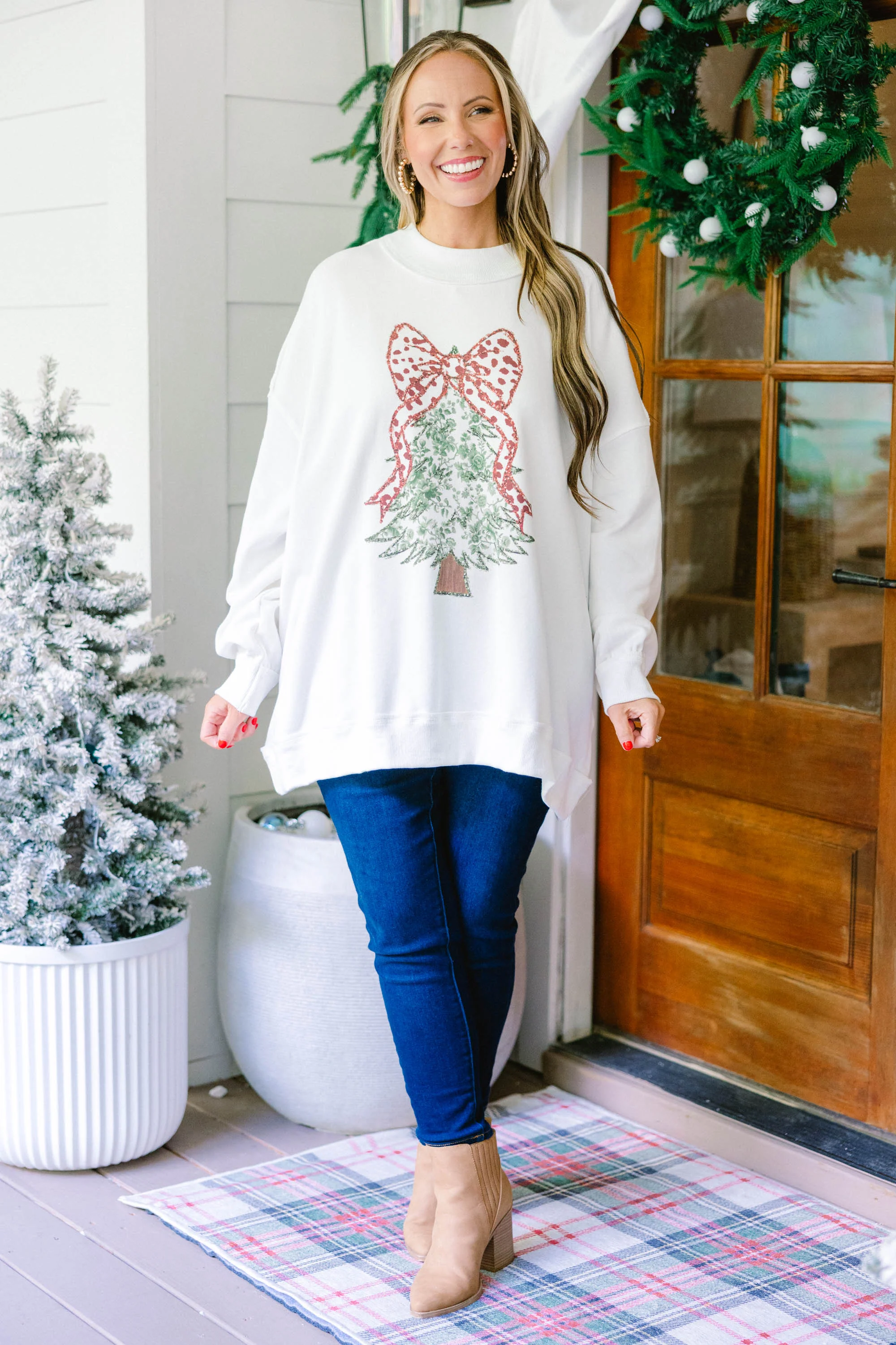 Postcards At Christmas Mock Neck Pullover, Ivory - Giverhouse