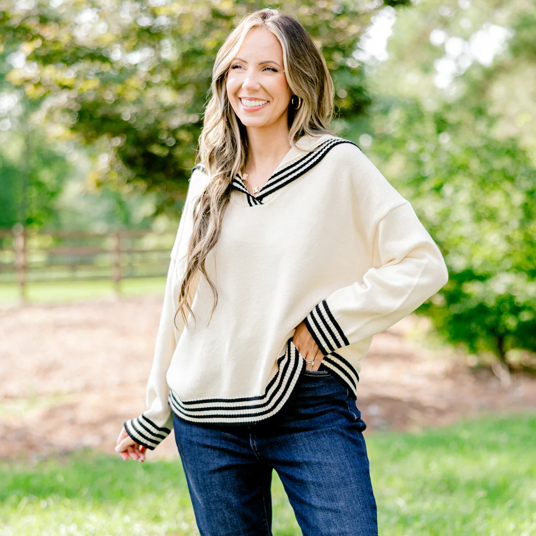 Smiling Through It All Sweater, White Stripe - Giverhouse