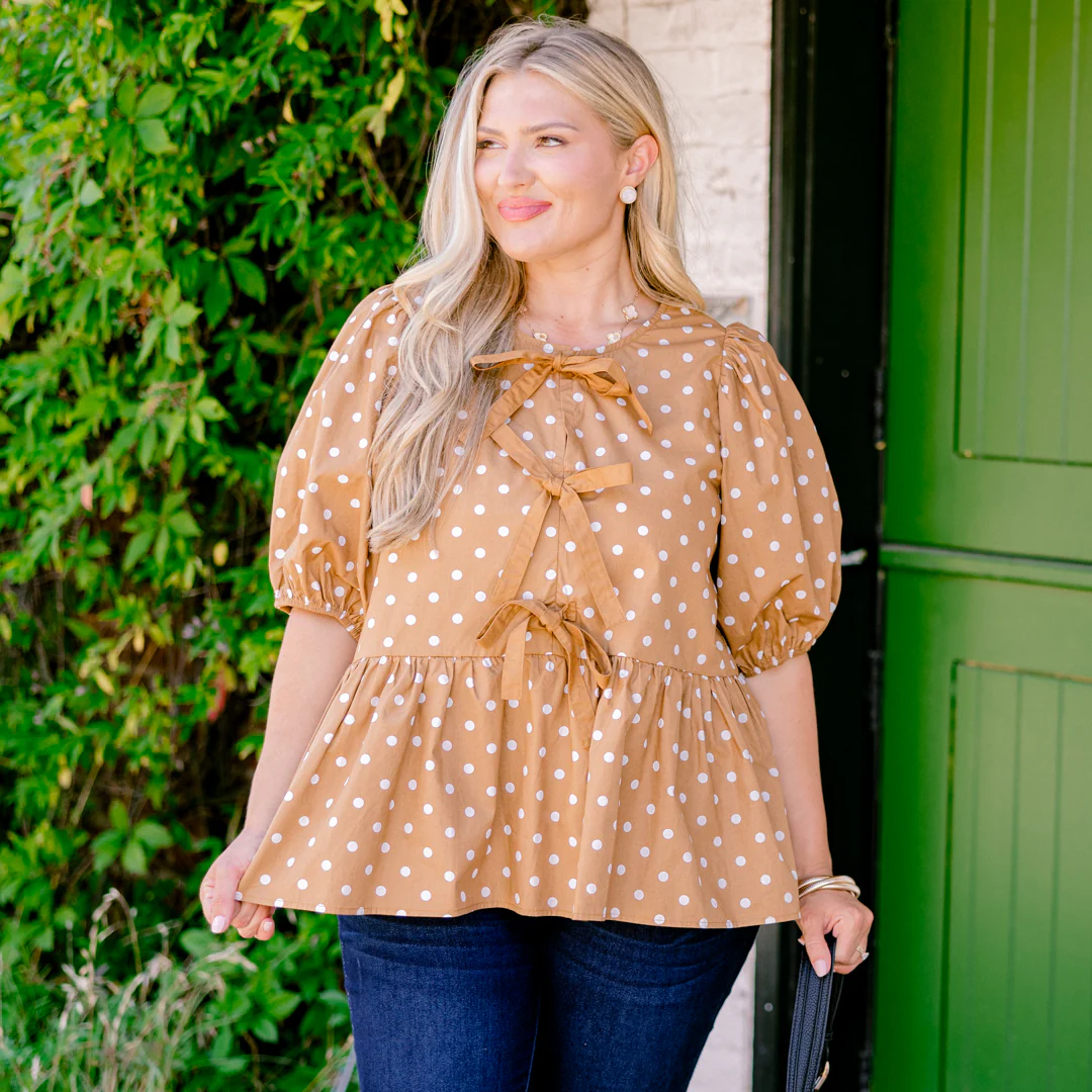 Take It Easy Now Top, Camel Polka Dot - Giverhouse