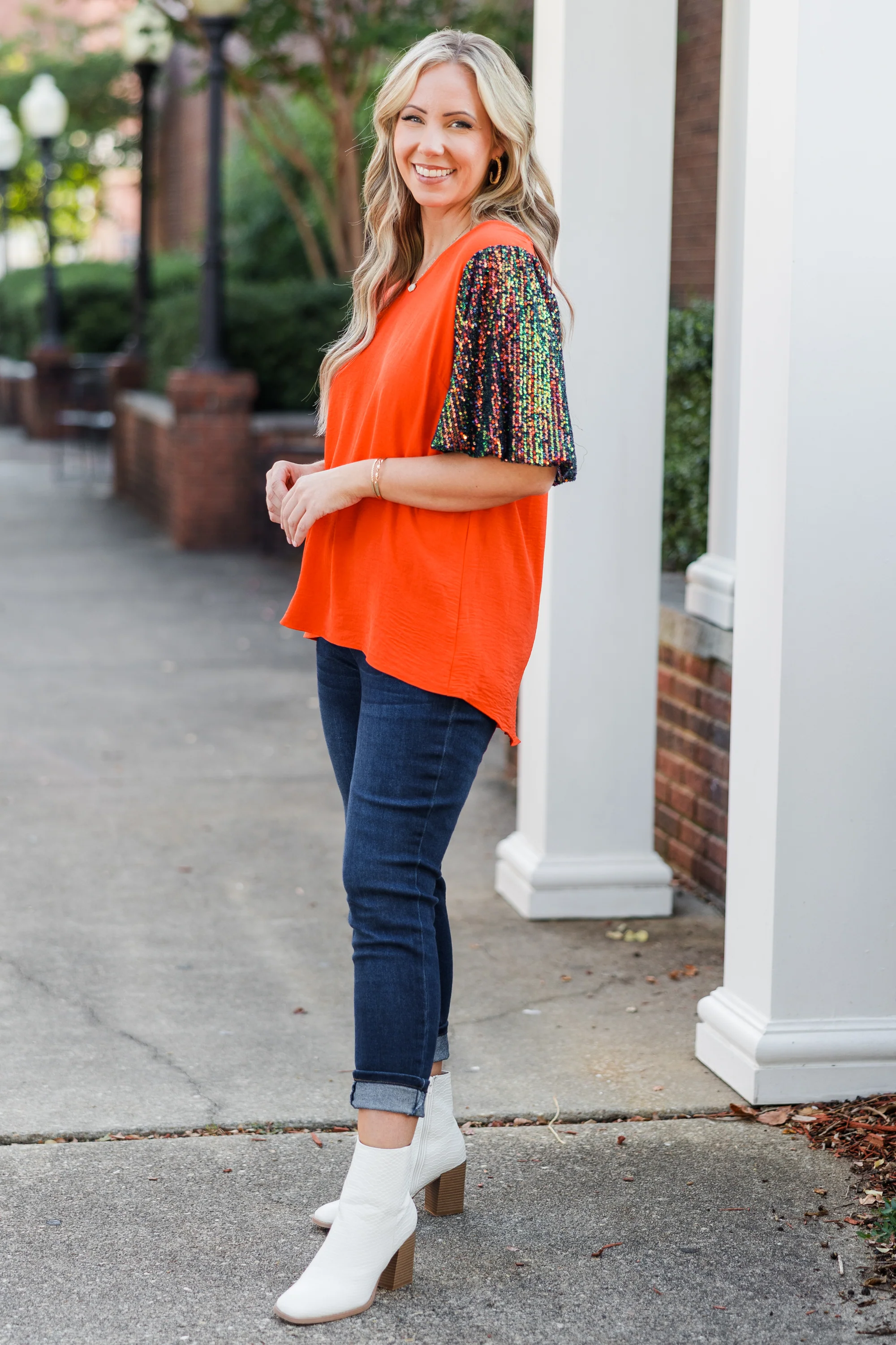 Gameday Glam Top, Orange-Navy - Giverhouse