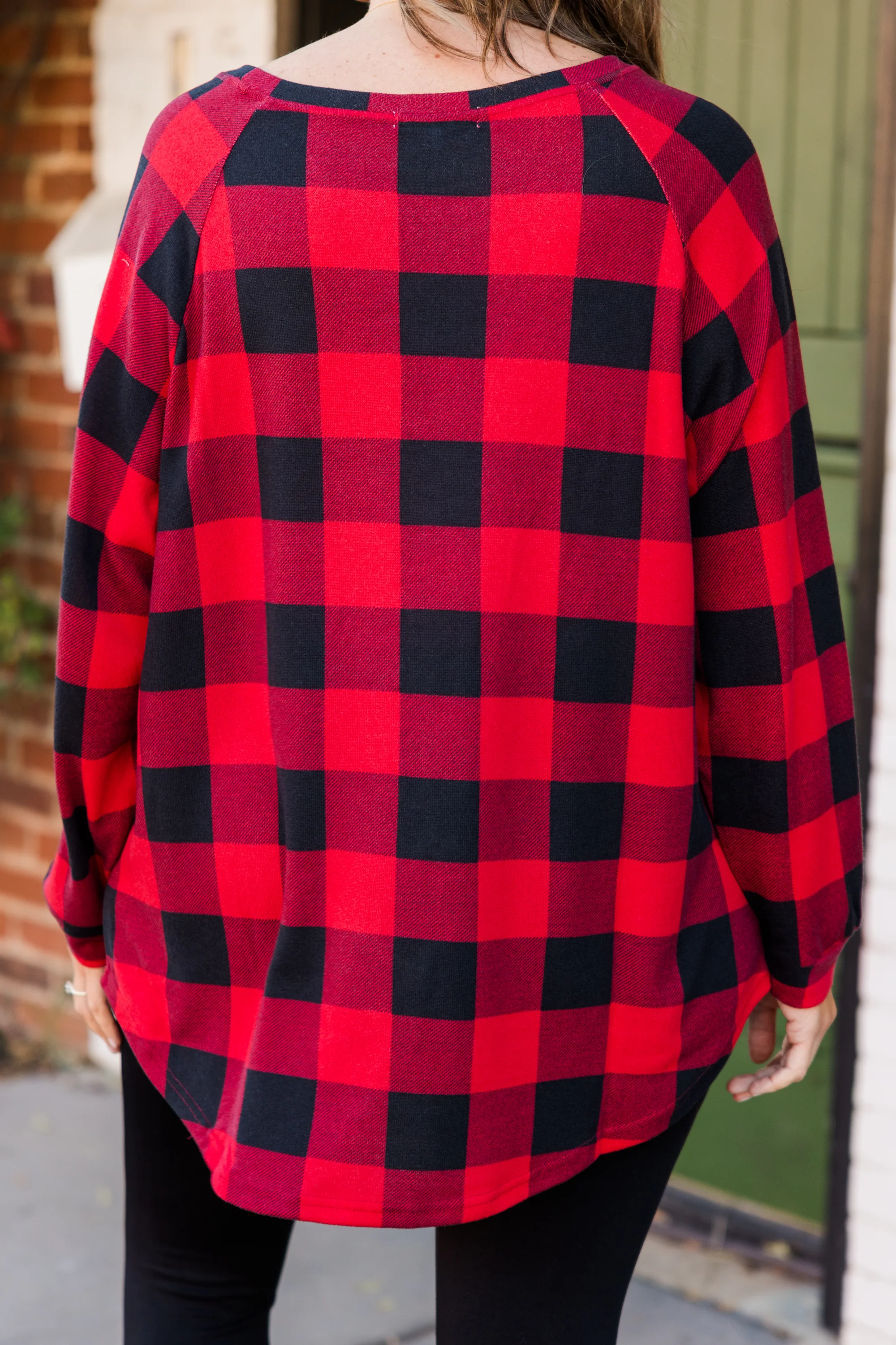 Curved Hem Slouchy Dolman Tunic, Red Plaid - Giverhouse