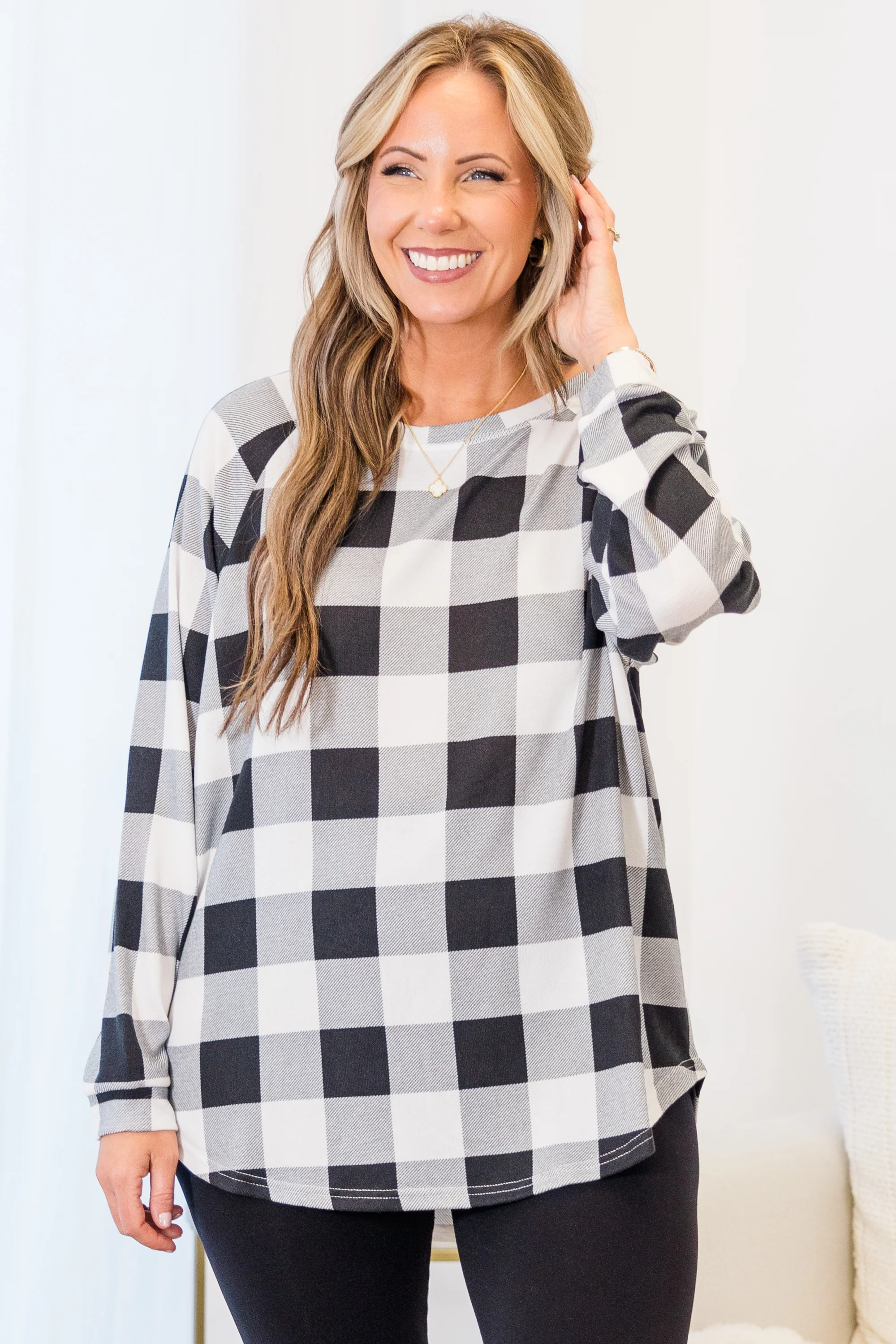Curved Hem Slouchy Dolman Tunic, White Plaid - Giverhouse