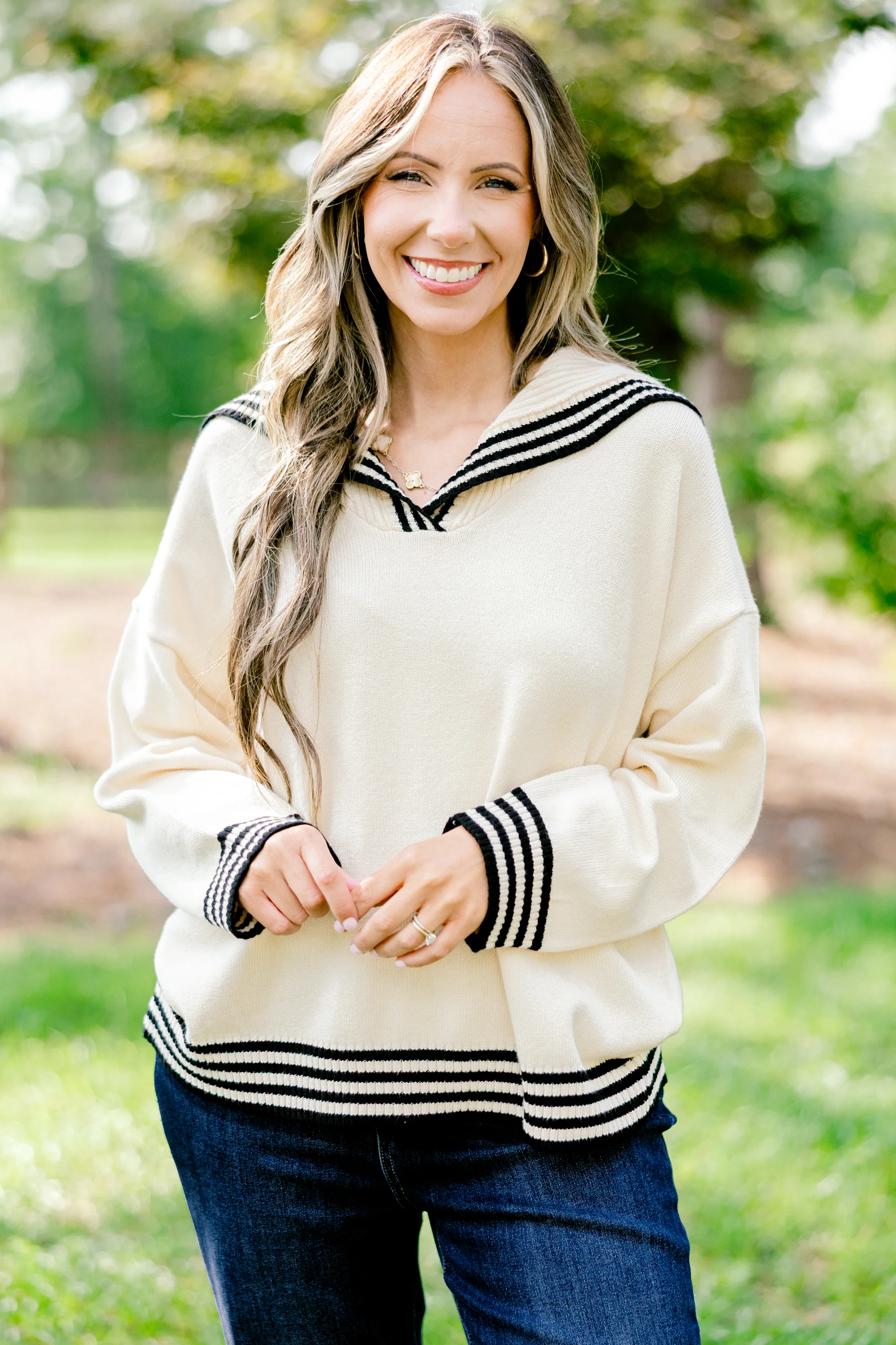 Smiling Through It All Sweater, White Stripe - Giverhouse