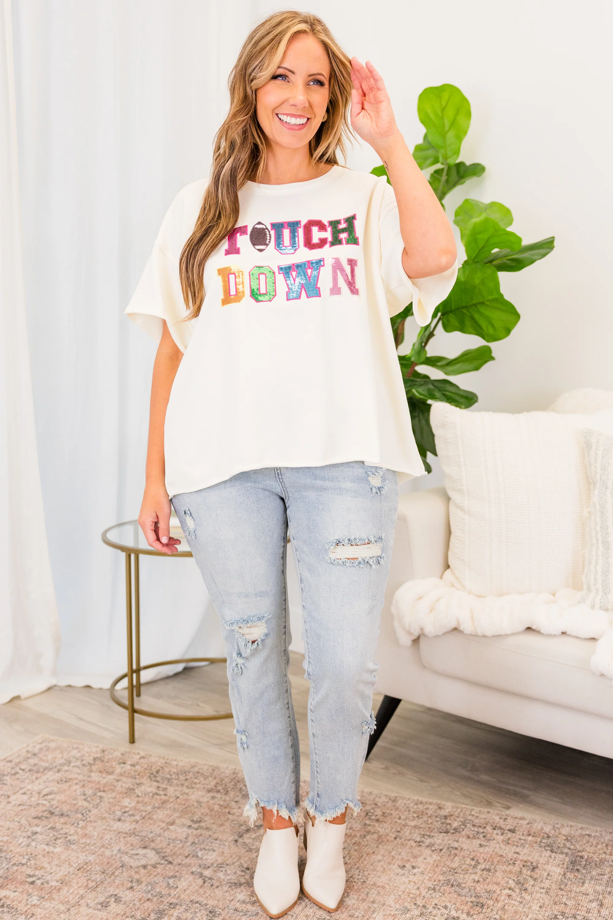 Sequin Score Top, Cream - Giverhouse