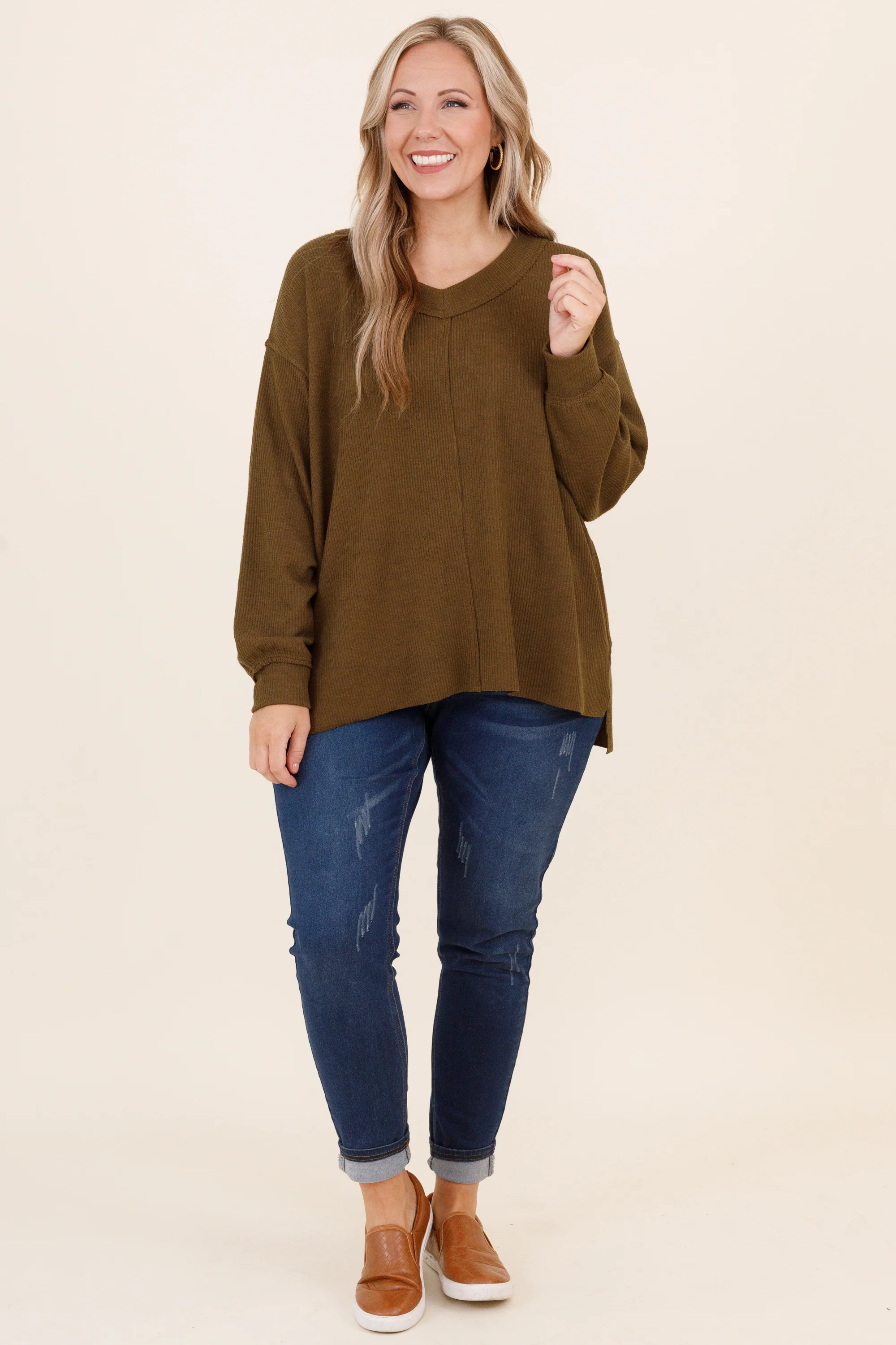 Cozy Textured Sweatshirt, Olive - Giverhouse