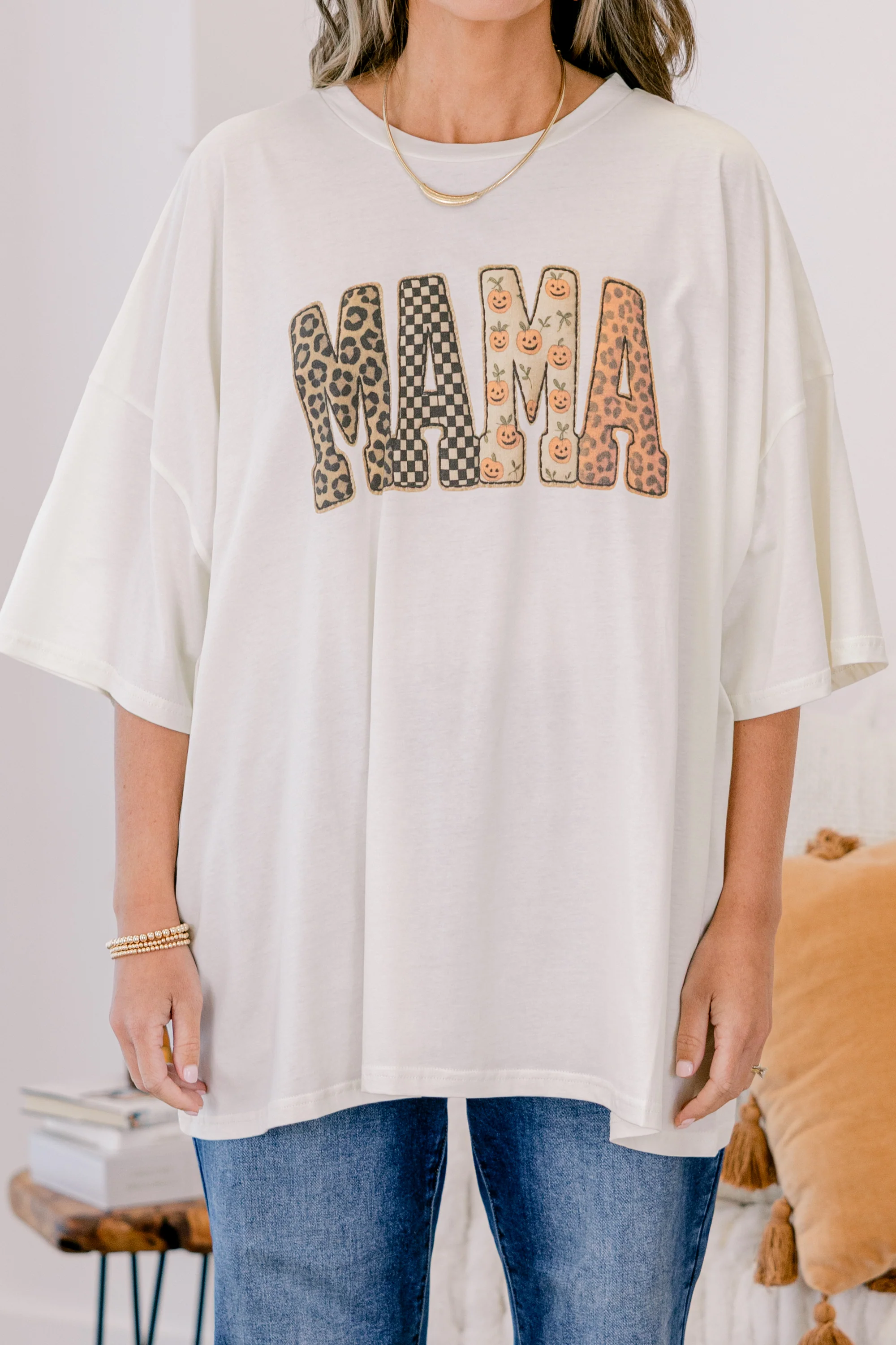 Mixed Print Mama Boyfriend Tee, Ivory - Giverhouse