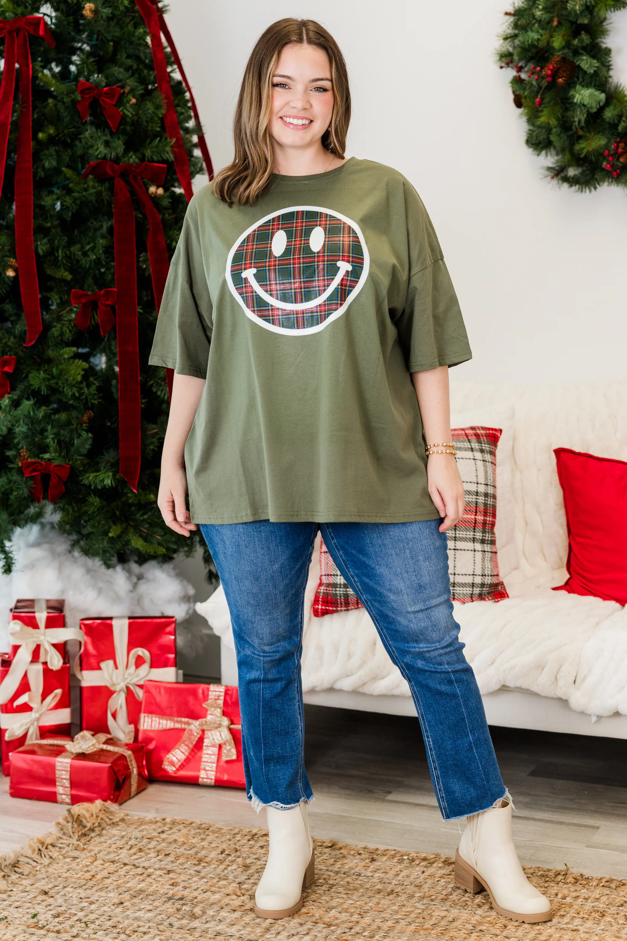 Plaid Smiley Boyfriend Tee, Moss - Giverhouse